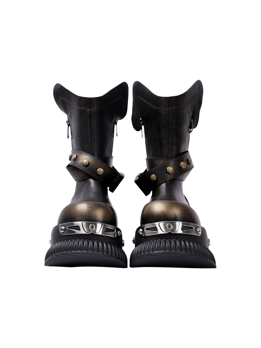 Black Punk Platform Ankle Boots with Round Toe