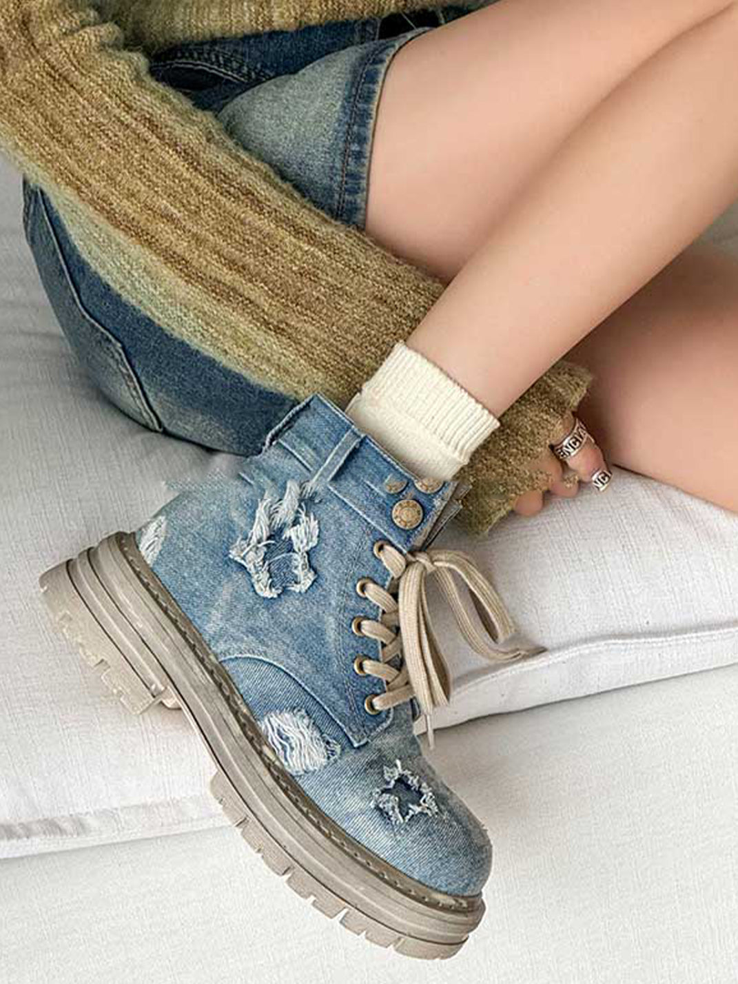 Denim Ripped Platform Boots with Ribbons - Skipkicks