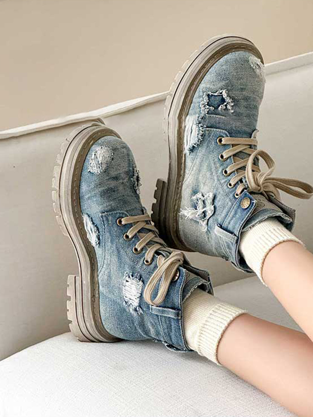 Denim Ripped Platform Boots with Ribbons - Skipkicks