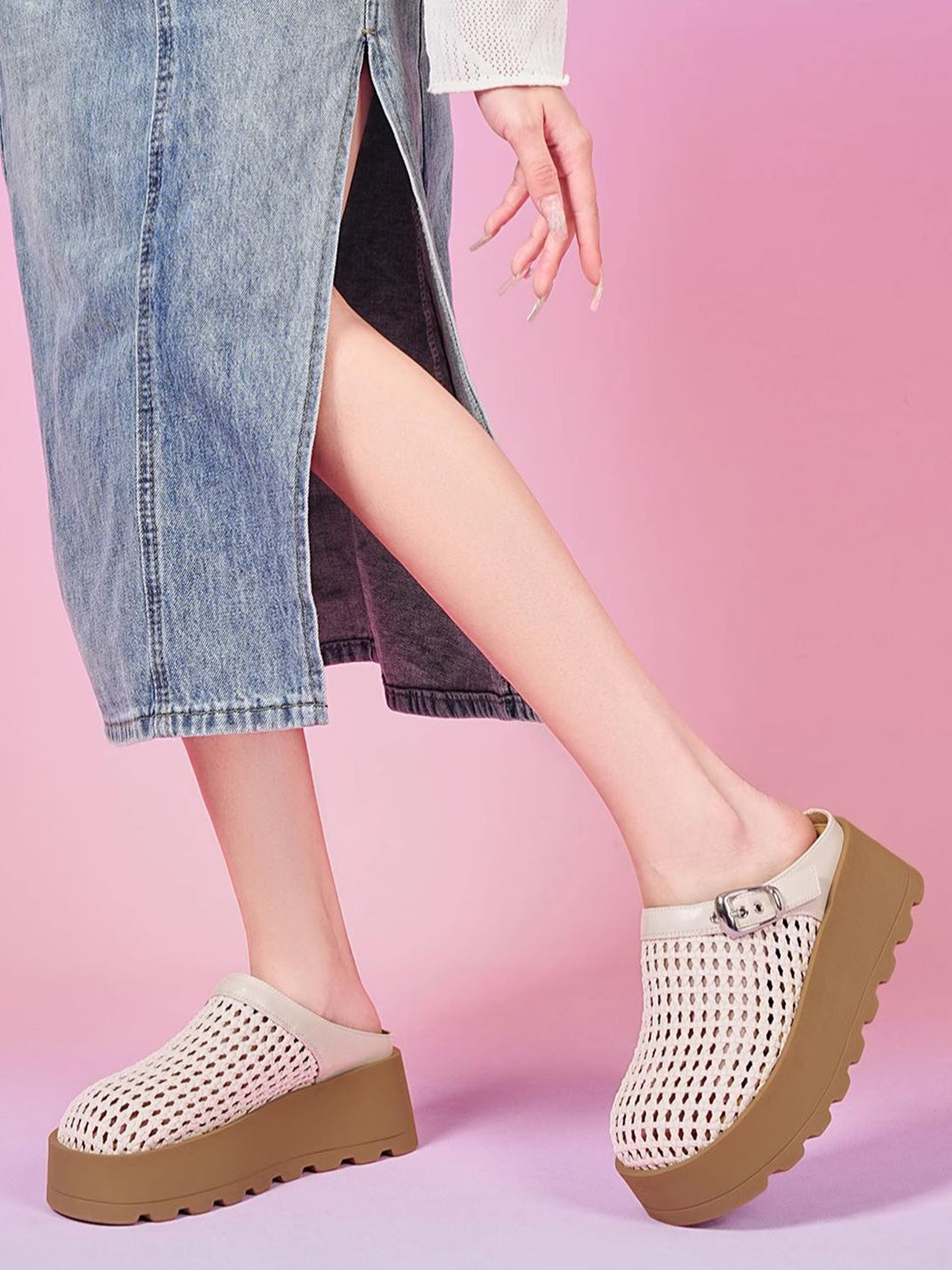 Woven Cut Out Platform Mules-Black - Skipkicks