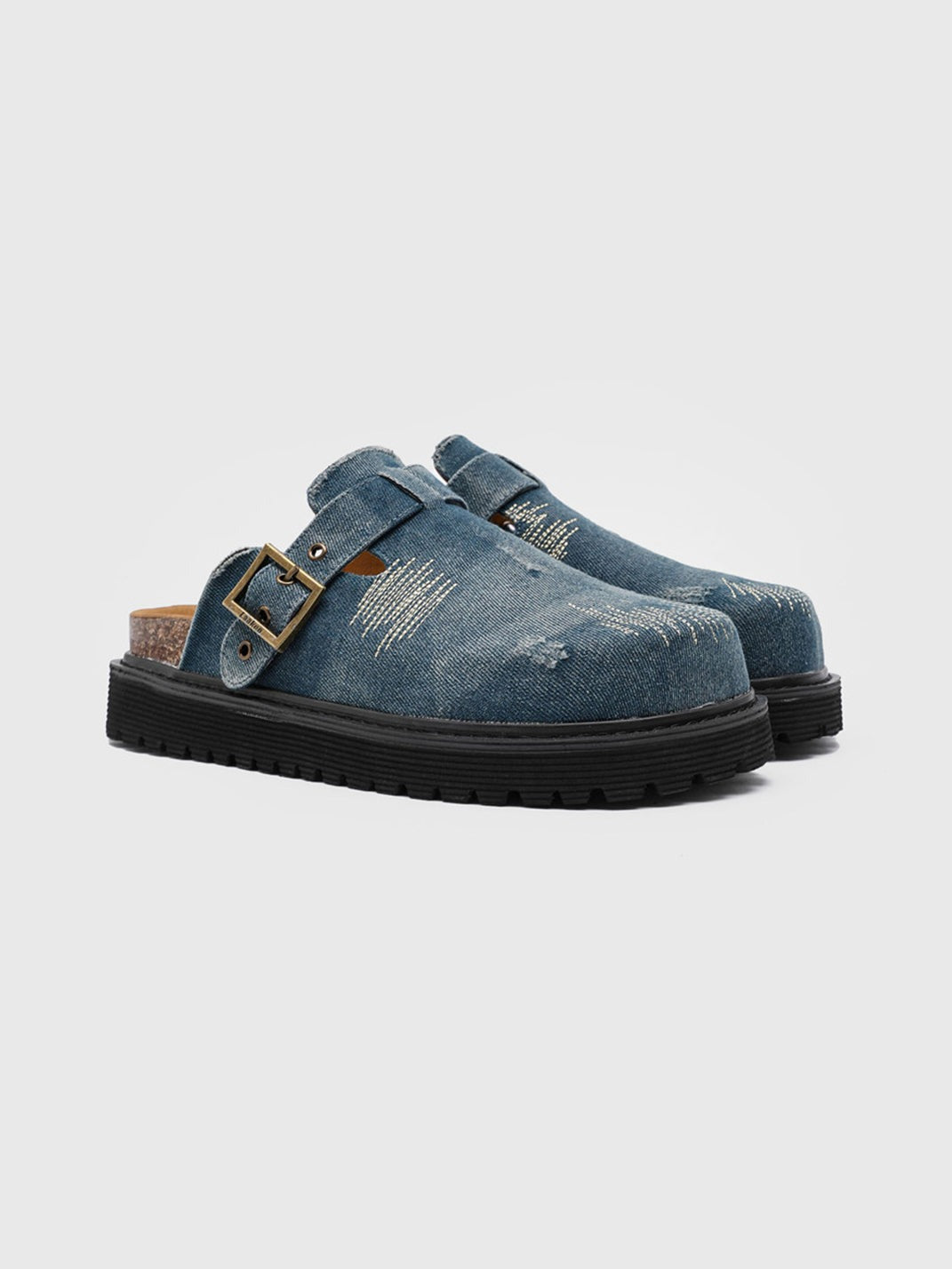 Distressed Denim Buckle Platform Mule Clogs - Skipkicks