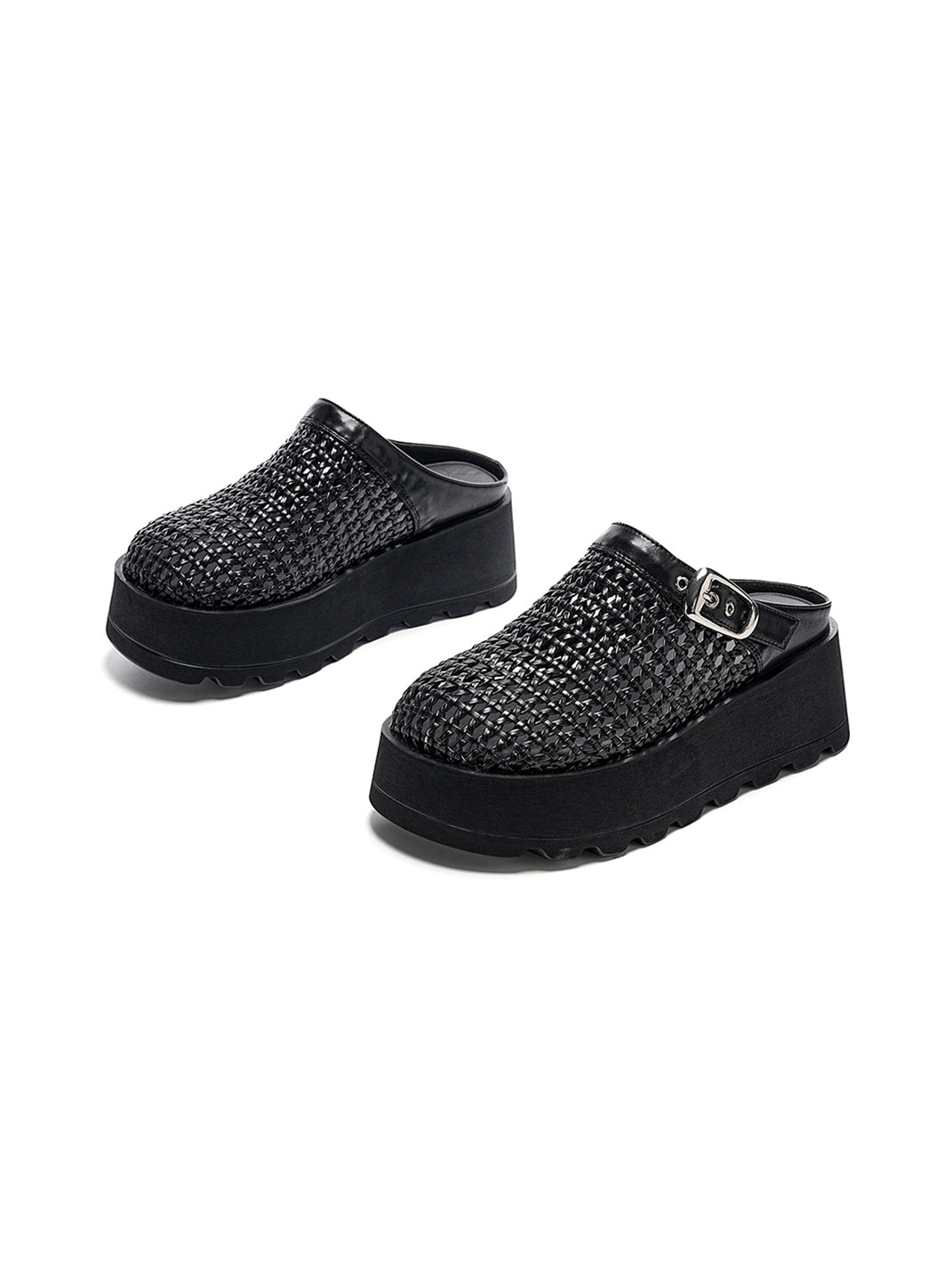 Woven Cut Out Platform Mules-Black - Skipkicks