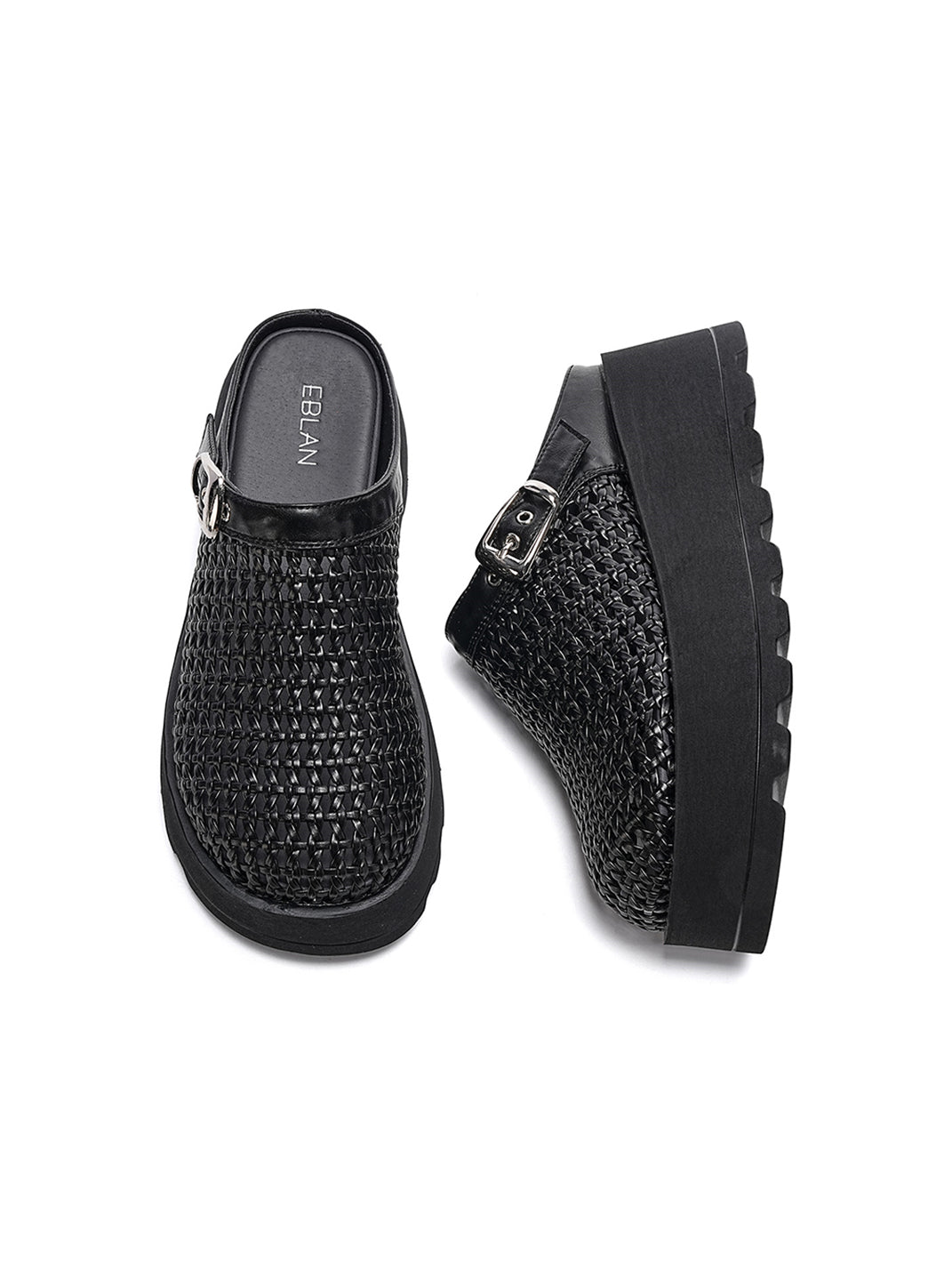 Woven Cut Out Platform Mules-Black - Skipkicks