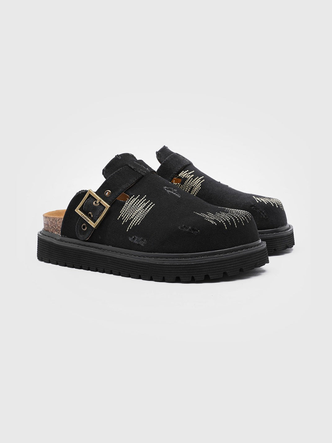 Distressed Denim Buckle Platform Mule Clogs - Skipkicks