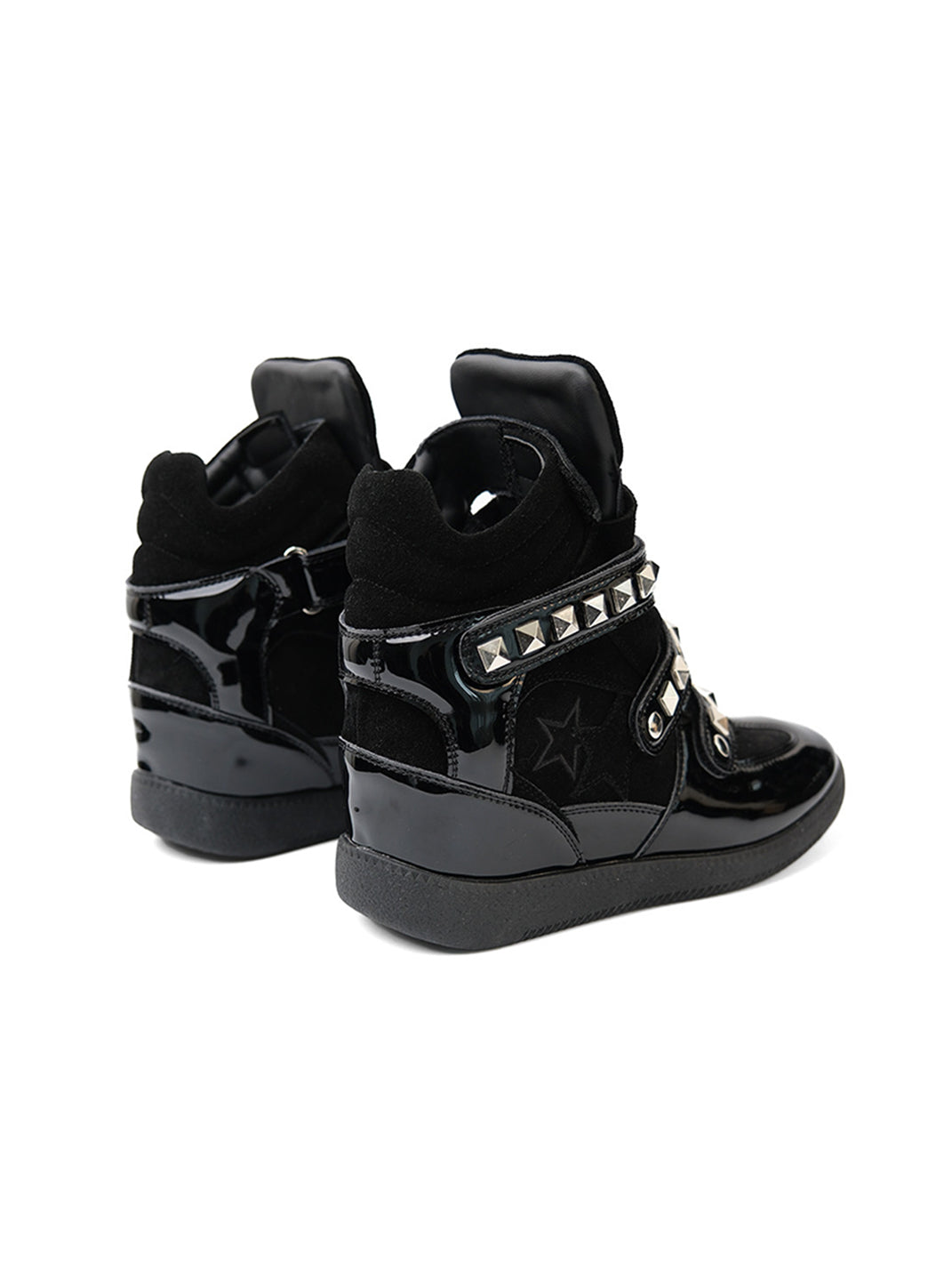 Black Retro Cowhide Wedge Shoes with Studs