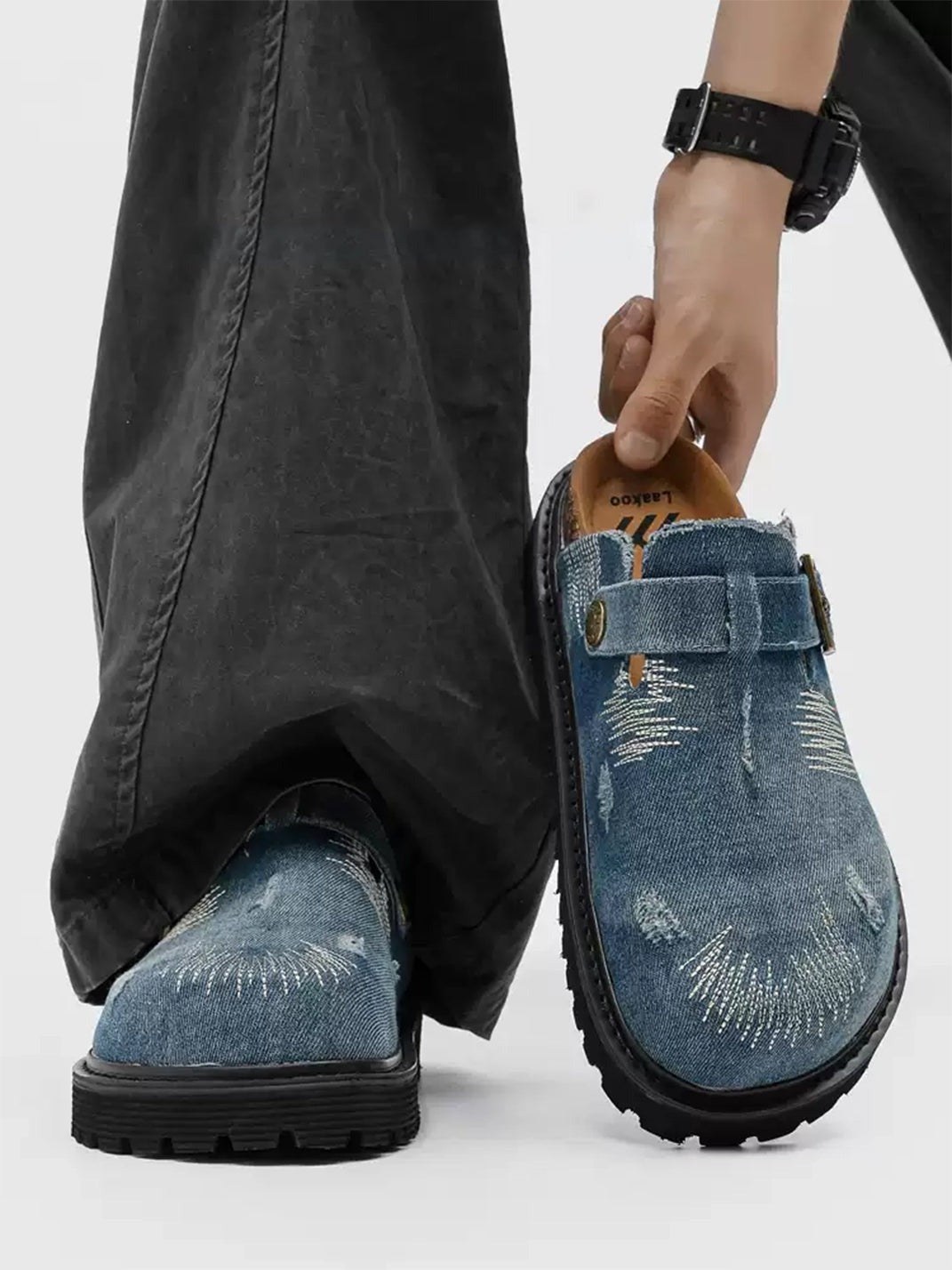 Distressed Denim Buckle Platform Mule Clogs - Skipkicks