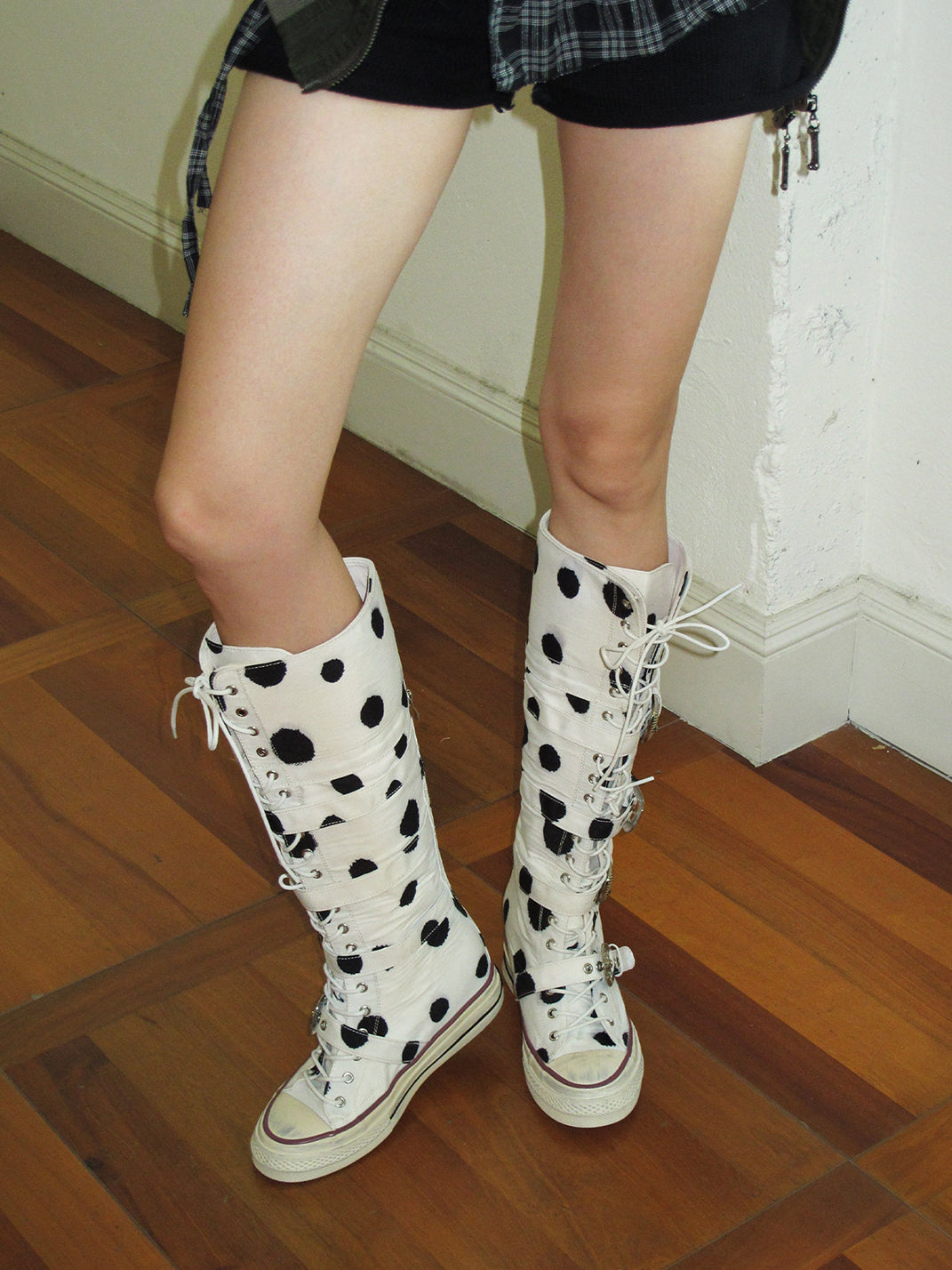 White Polka Dot Lace-Up Boots