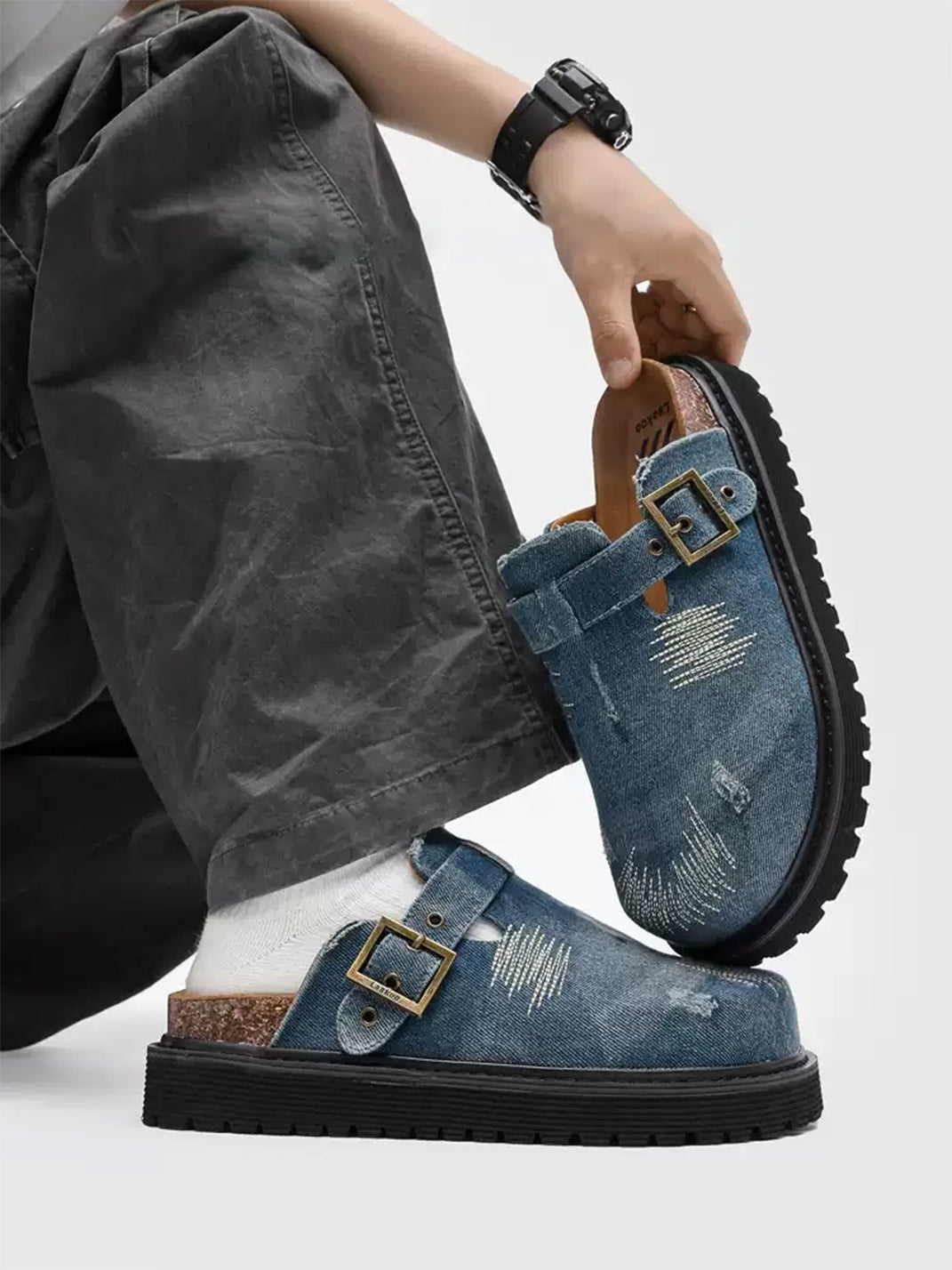 Distressed Denim Buckle Platform Mule Clogs - Skipkicks