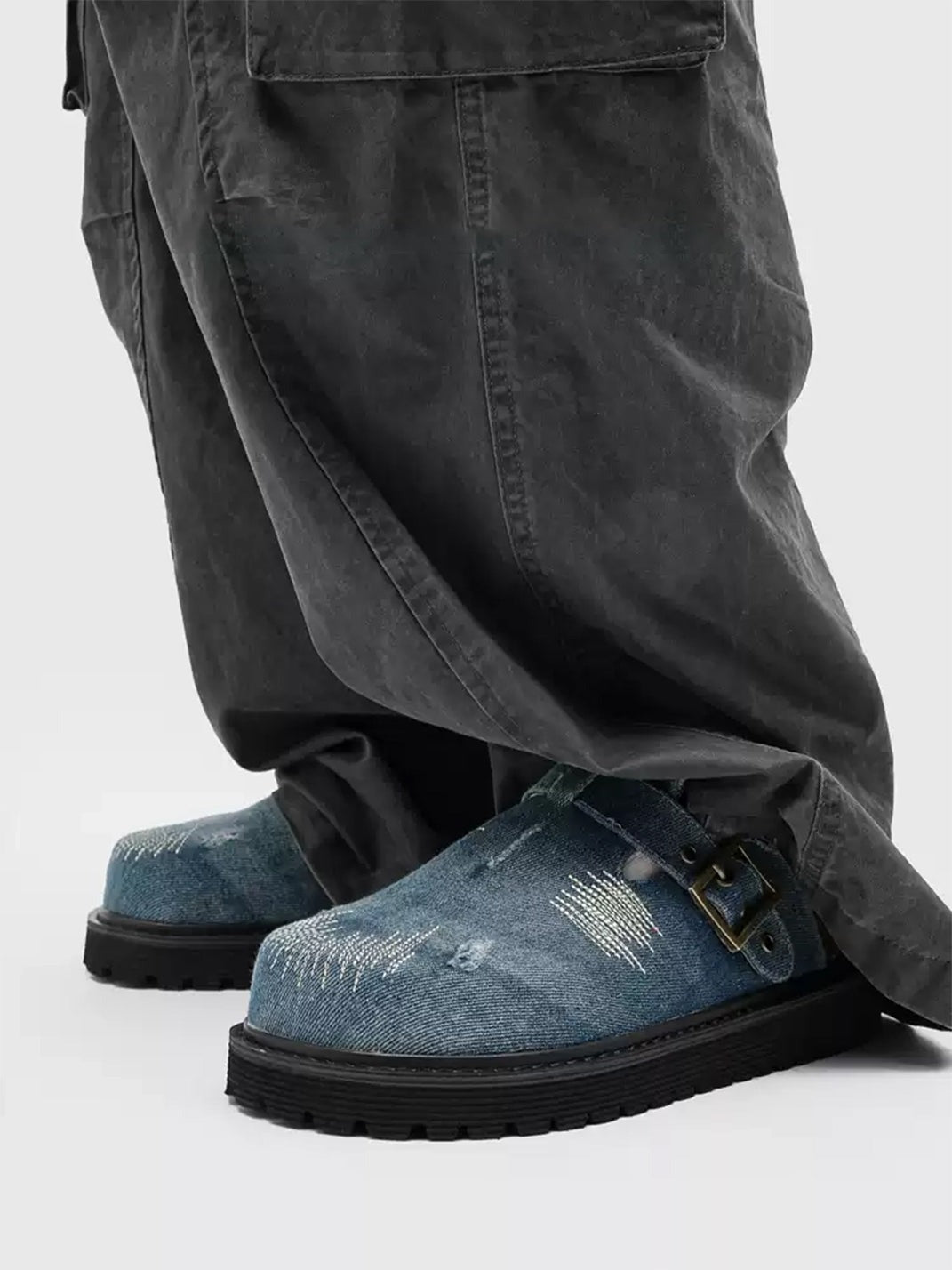 Distressed Denim Buckle Platform Mule Clogs - Skipkicks
