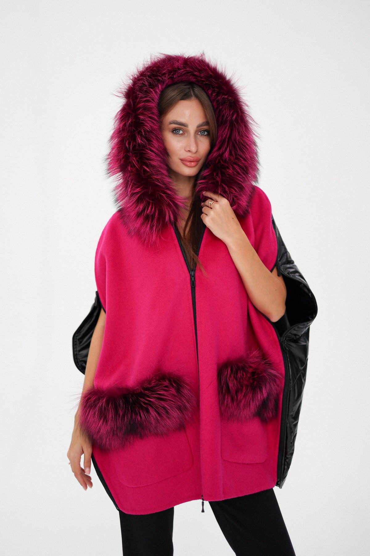 Saga®Furs Silver Fox Wool Cashmere Poncho Vest in Fuchsia