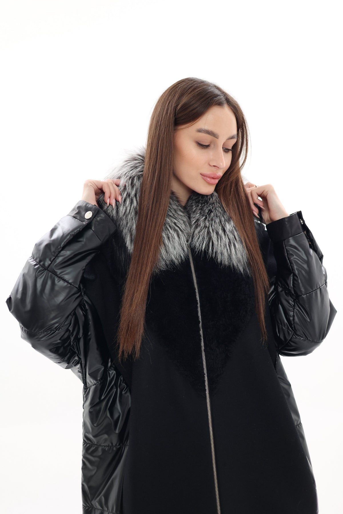 Genuine Silver Fox Fur Italian Cashmere Wool Freudenberg Comfortemp® Coat