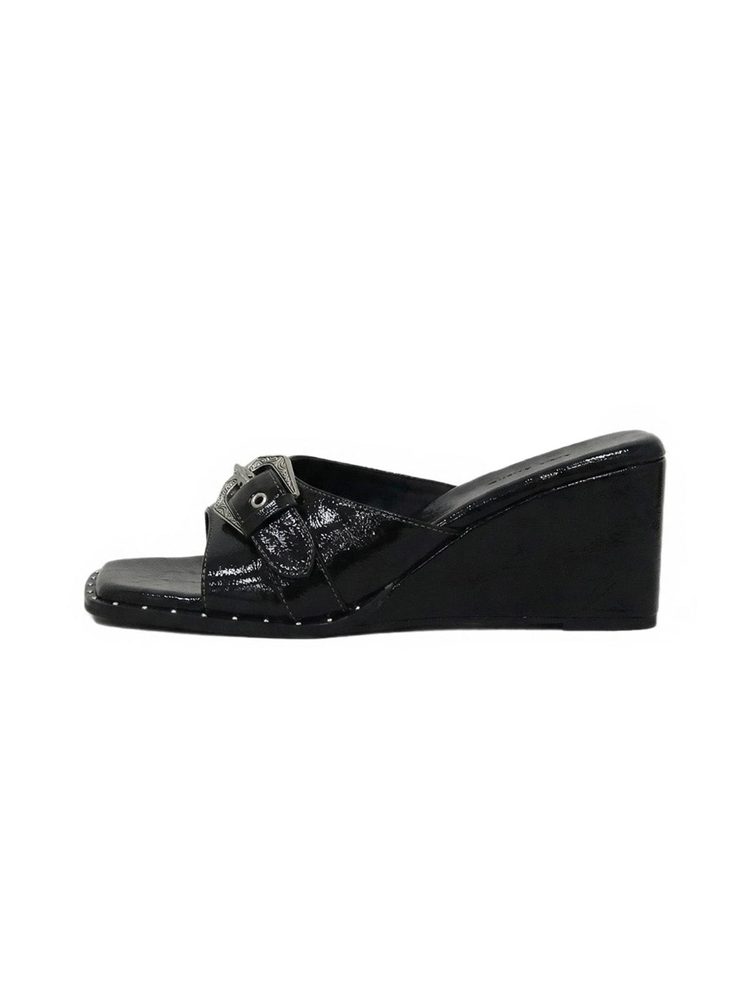 Black Leather Square-Toe Wedge Sandals - Skipkicks