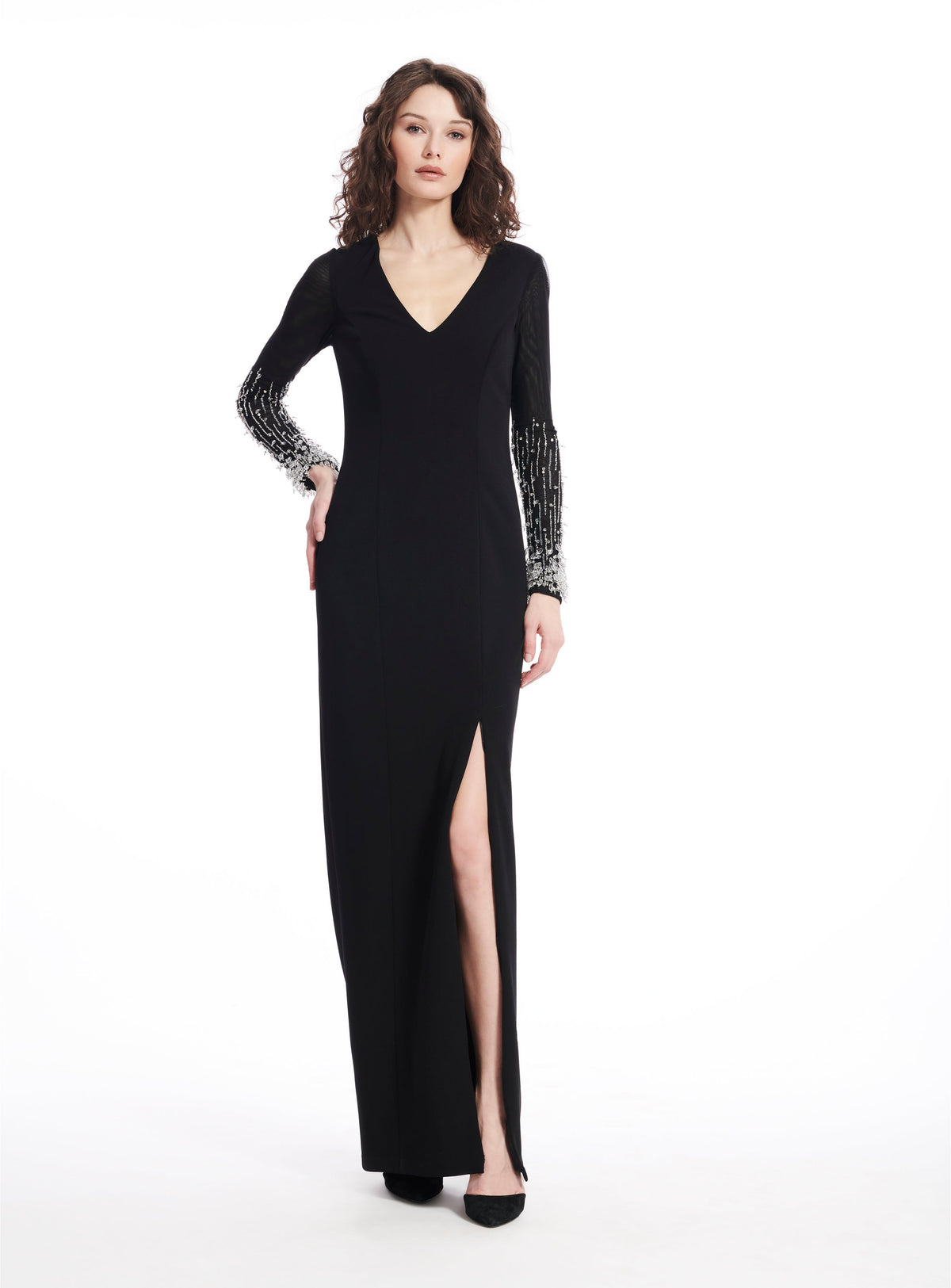 Long Crepe Gown With Crystal Sleeves