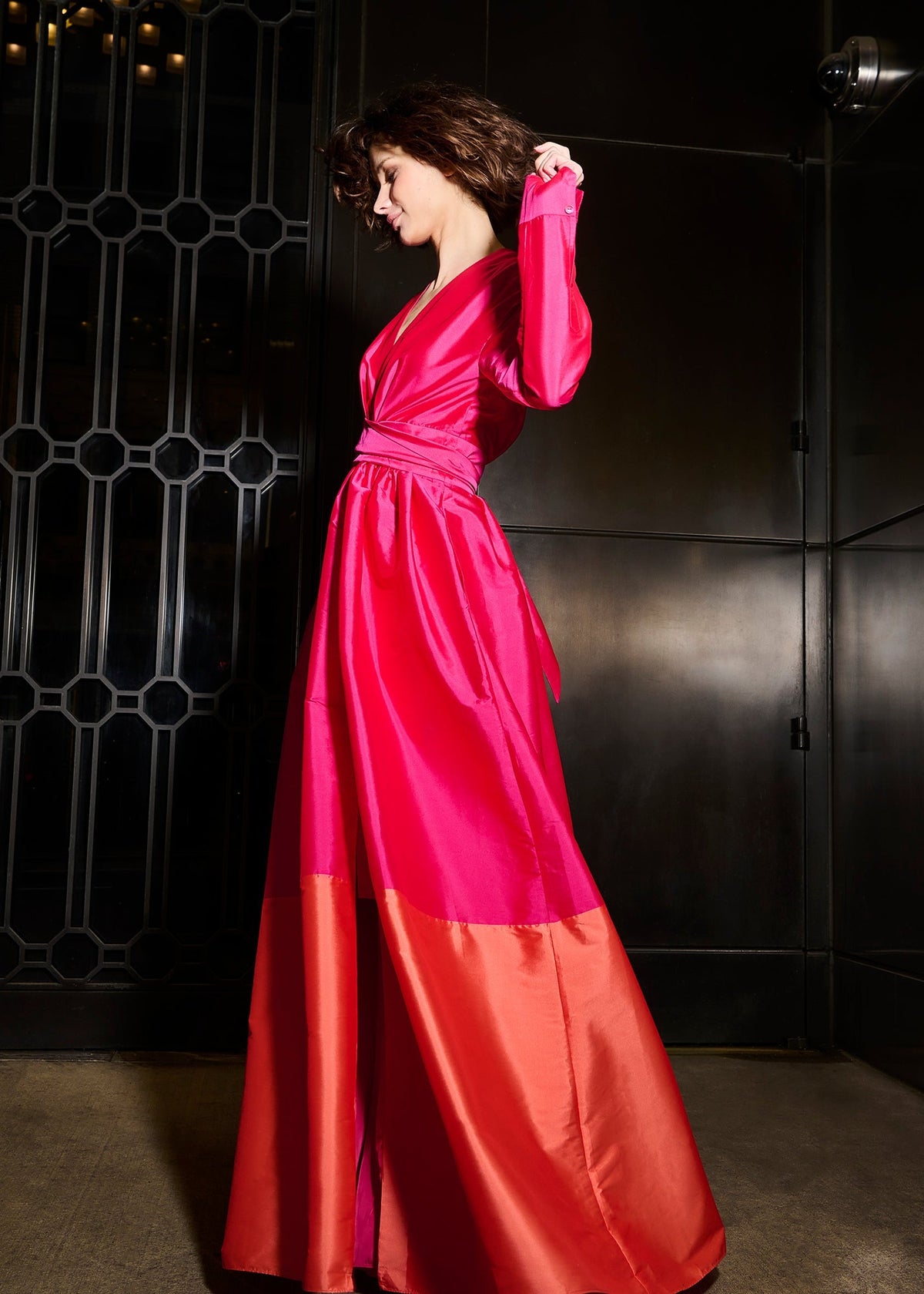Taffeta Color Blocked Wrap Gown Watermelon/Coral