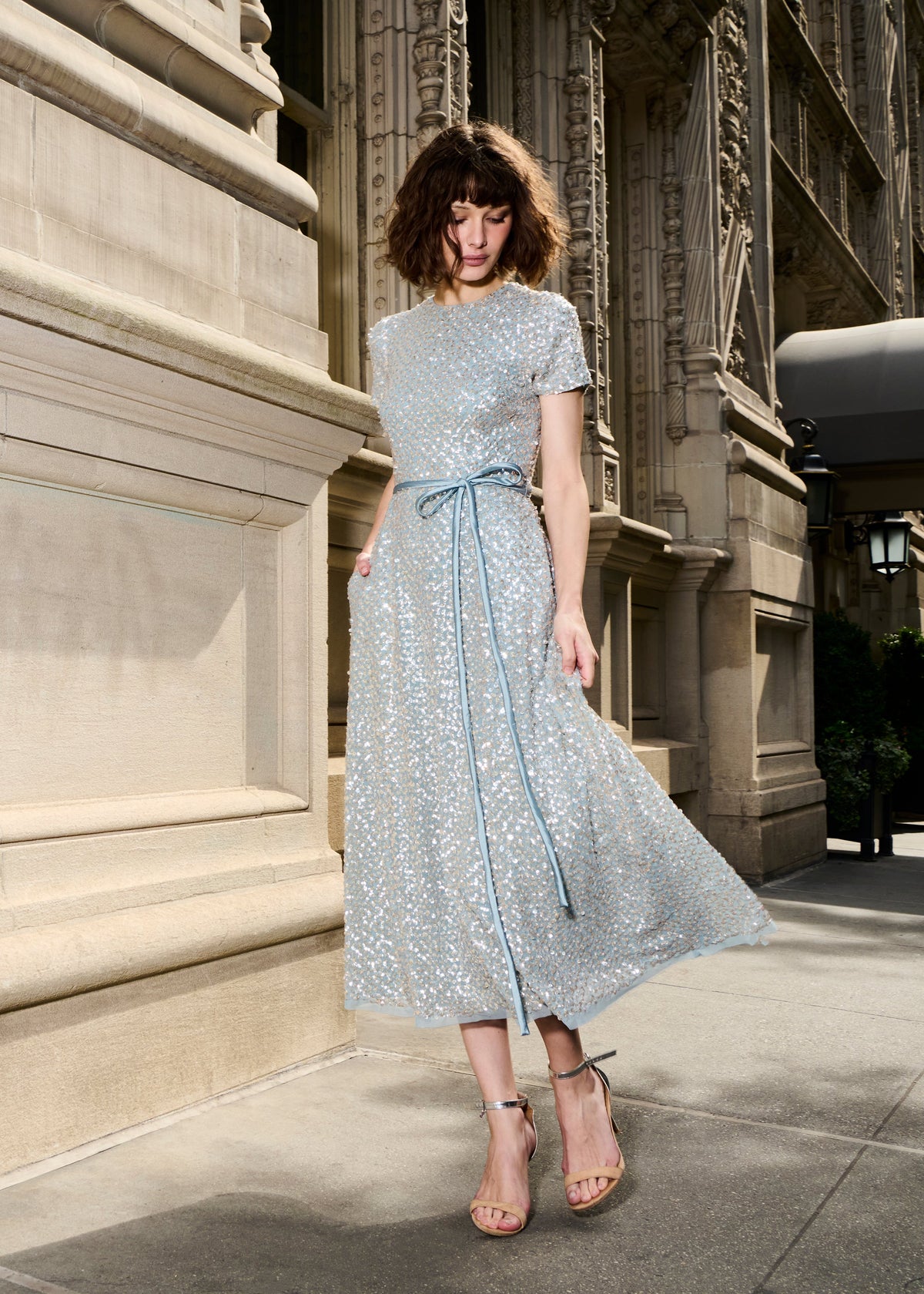 Translucent Encrusted Sequin Dress Suntan