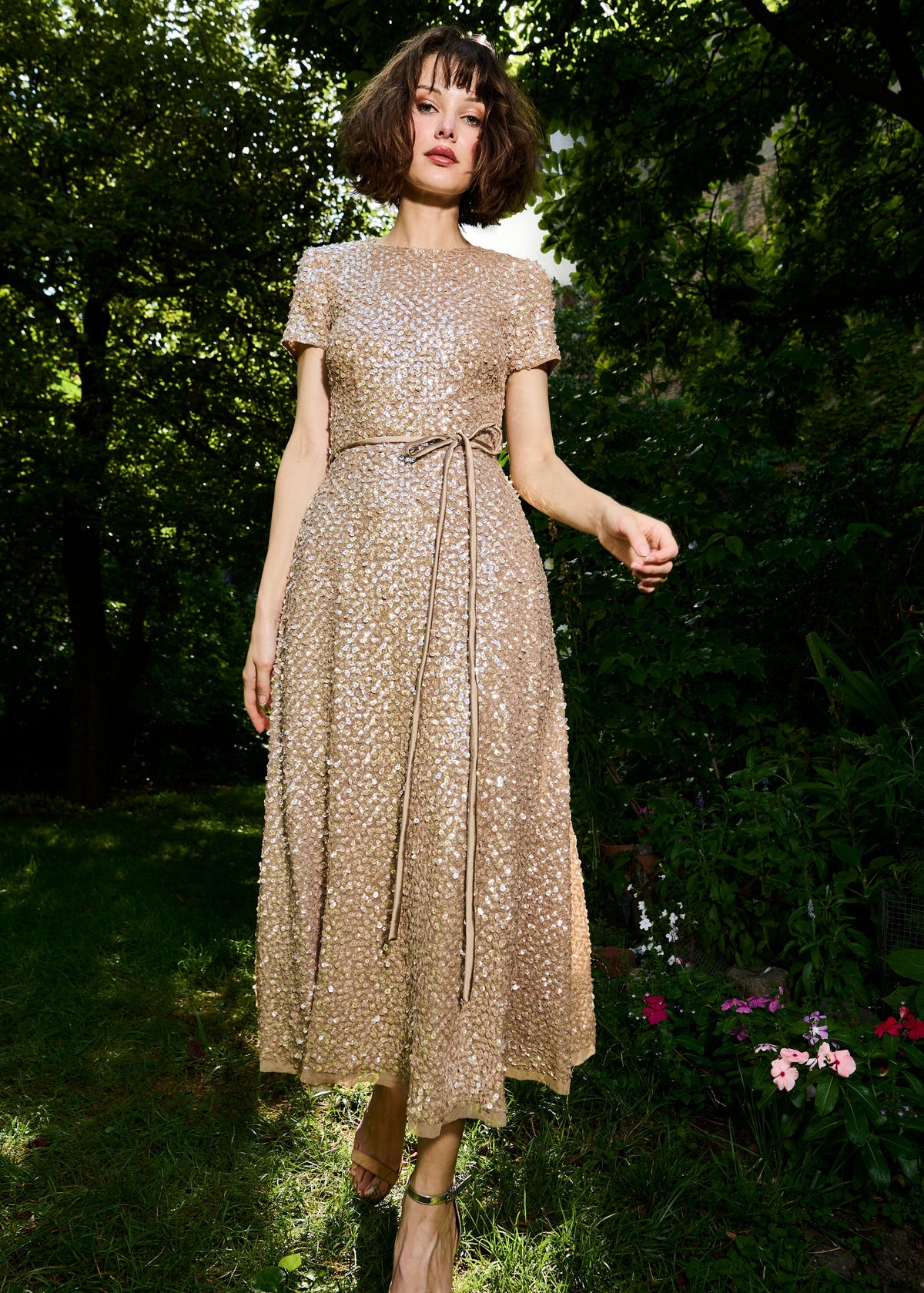 Translucent Encrusted Sequin Dress Suntan
