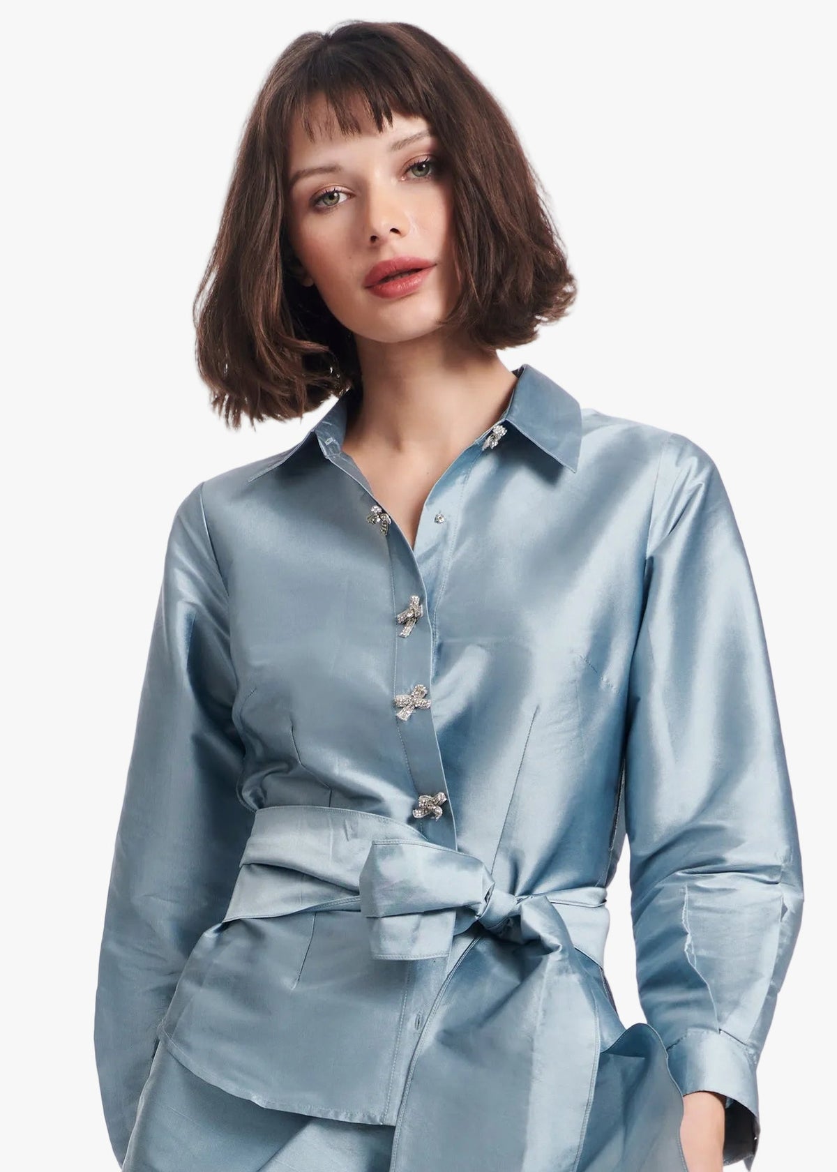 Taffeta Blouse With Crystal Bow Buttons And Sash Light Blue