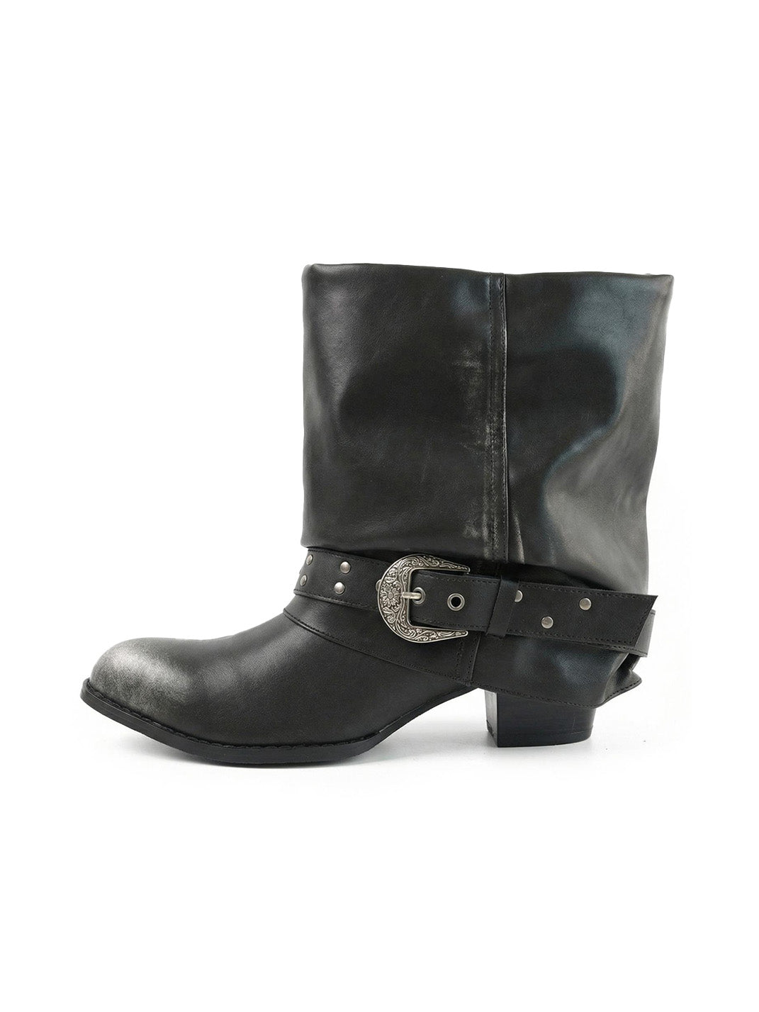 Black Chunky Leather Pointed Ankle Boots