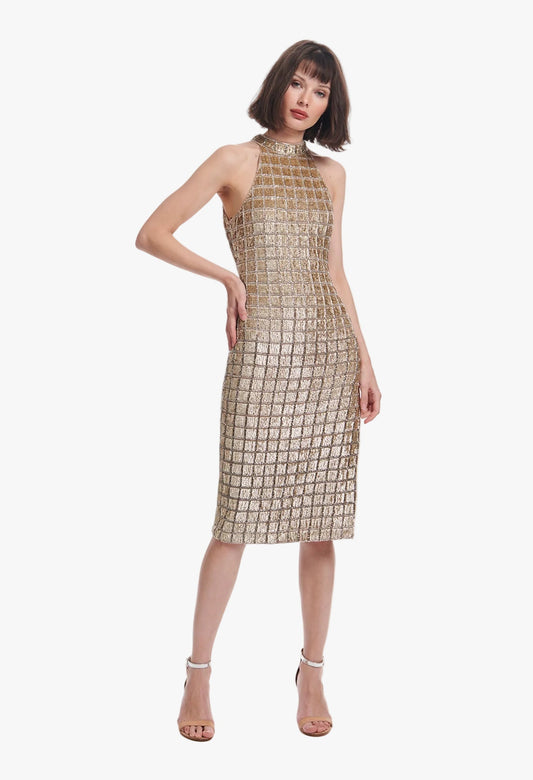 Windowpane Sequin Mock-Neck Dress Gold