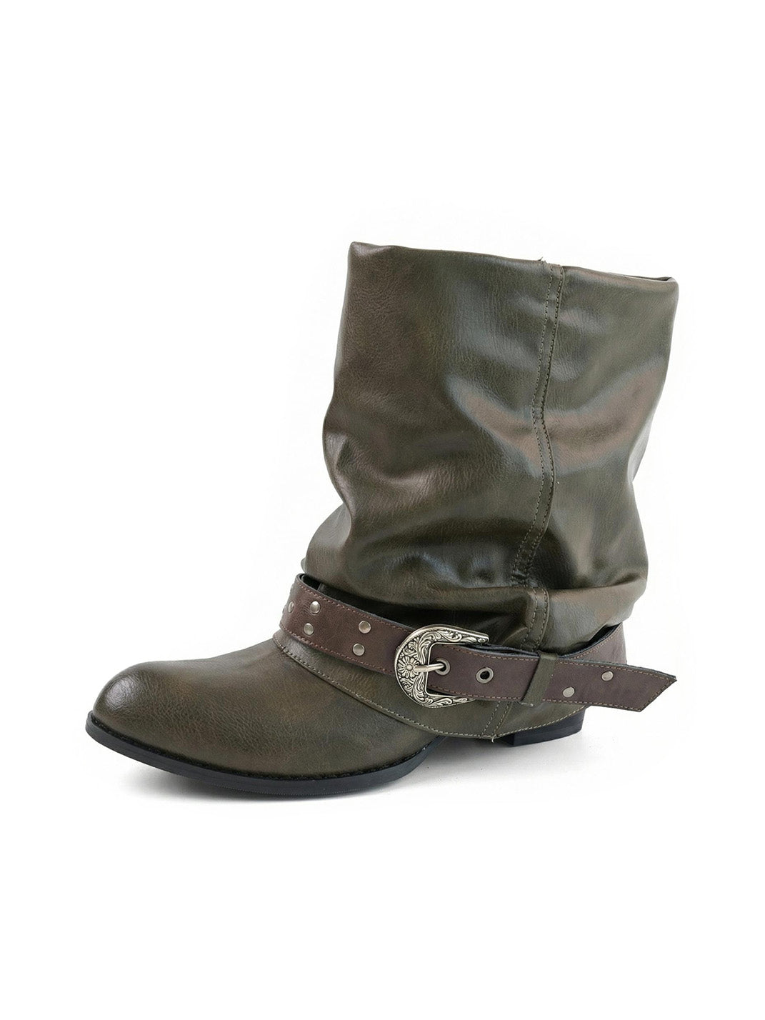 Brown Pleated Lace-Up Cowhide Ankle Boots