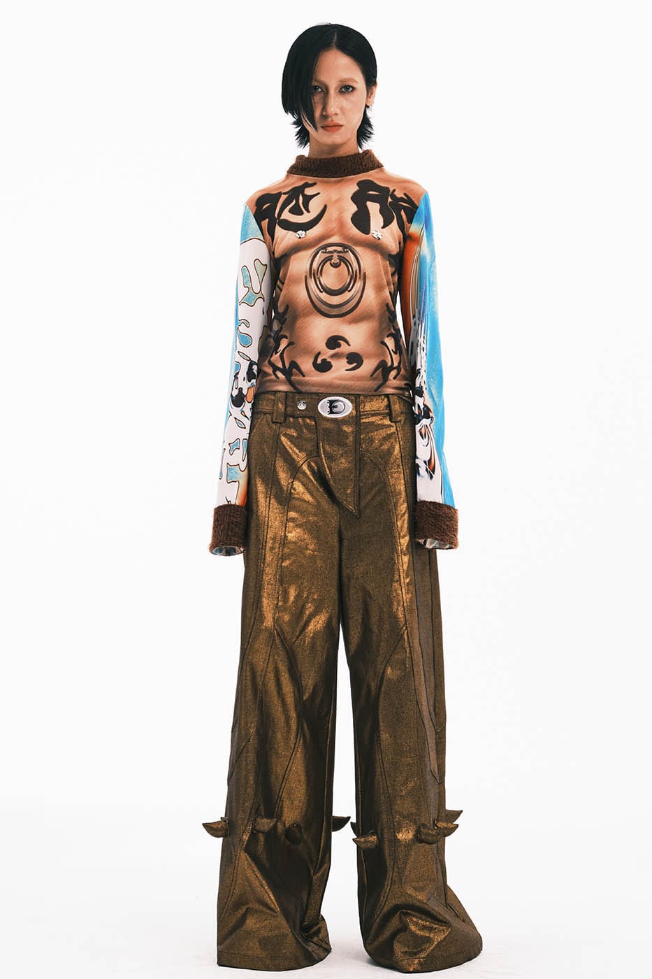 EMBRYO Tattoo-Illusion Sheer Mesh Long-Sleeve Top
