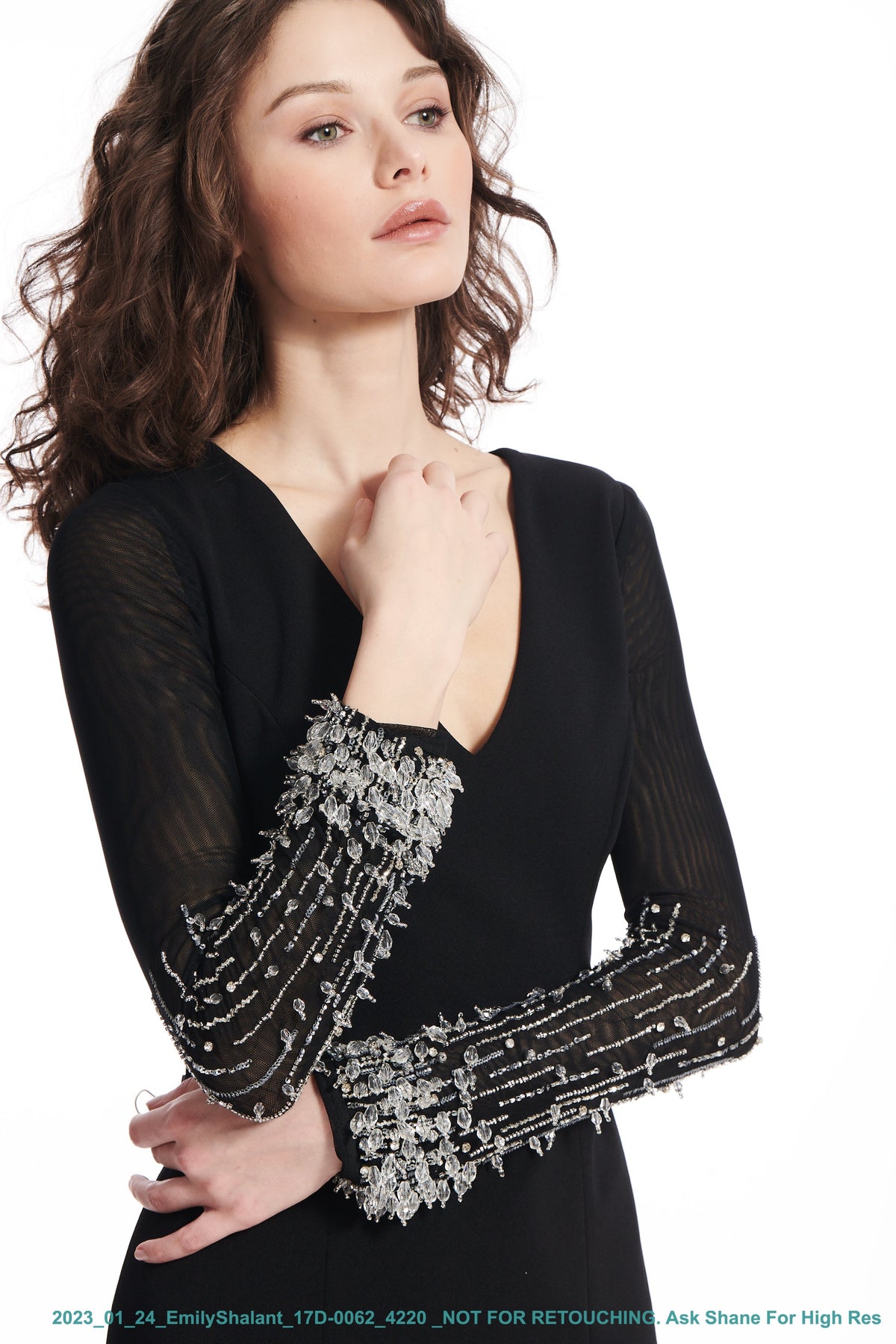 Long Crepe Gown With Crystal Sleeves