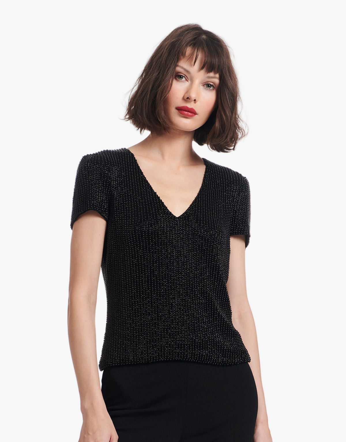 Stretch Pearl Beaded V-Neck Top Black