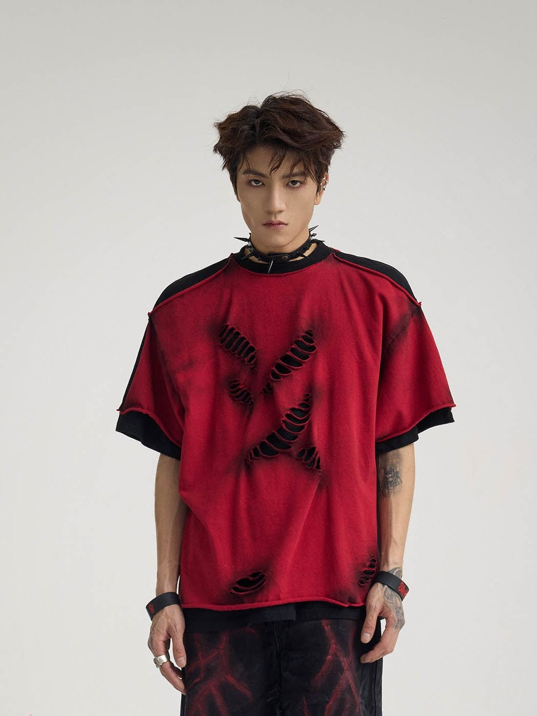 Double-Layered Ripped Red Tee