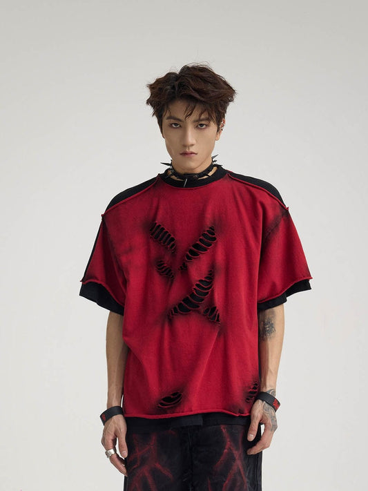 Double-Layered Ripped Red Tee