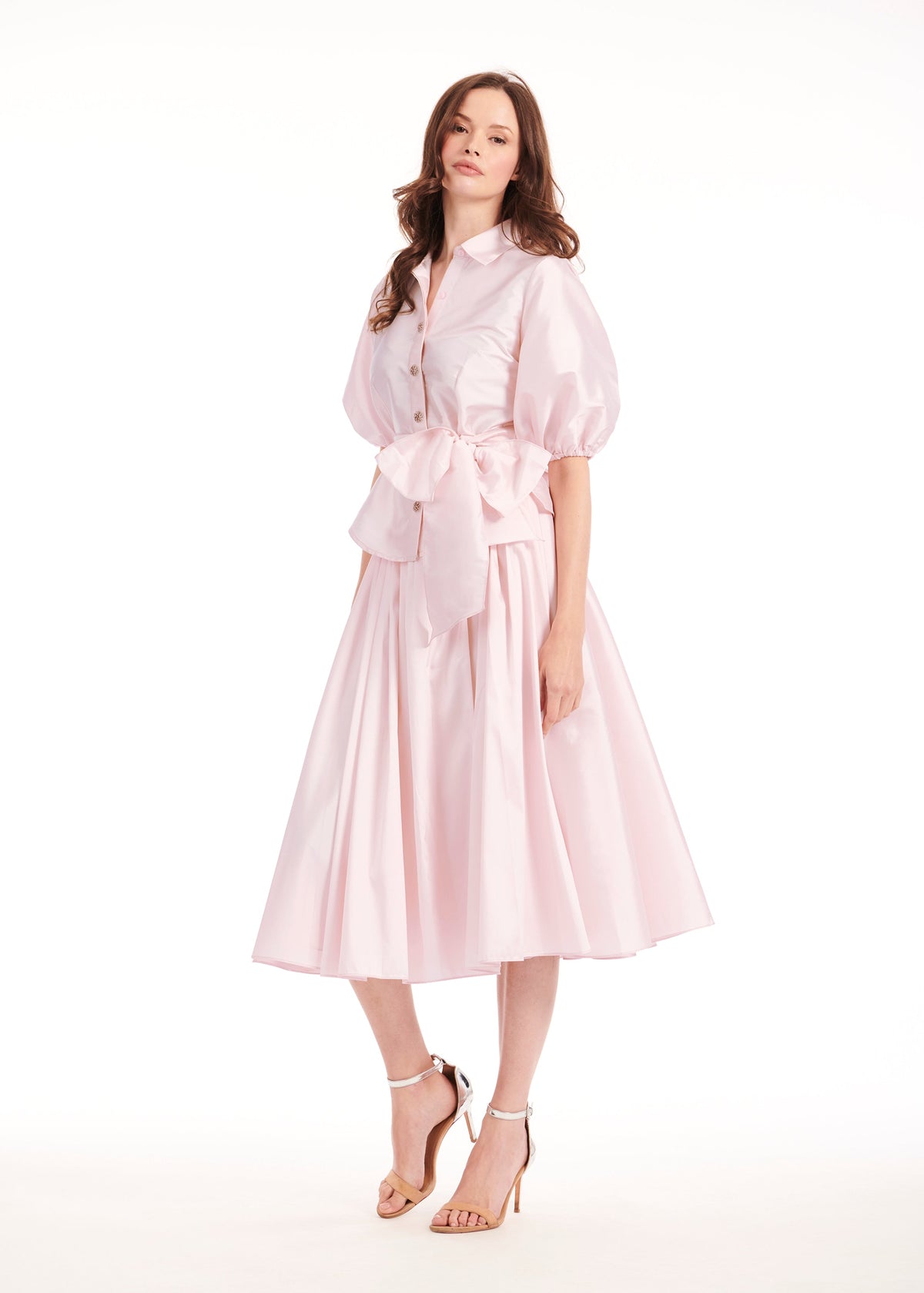 Tea Length Pleated Soft Taffeta Midi Skirt Blush