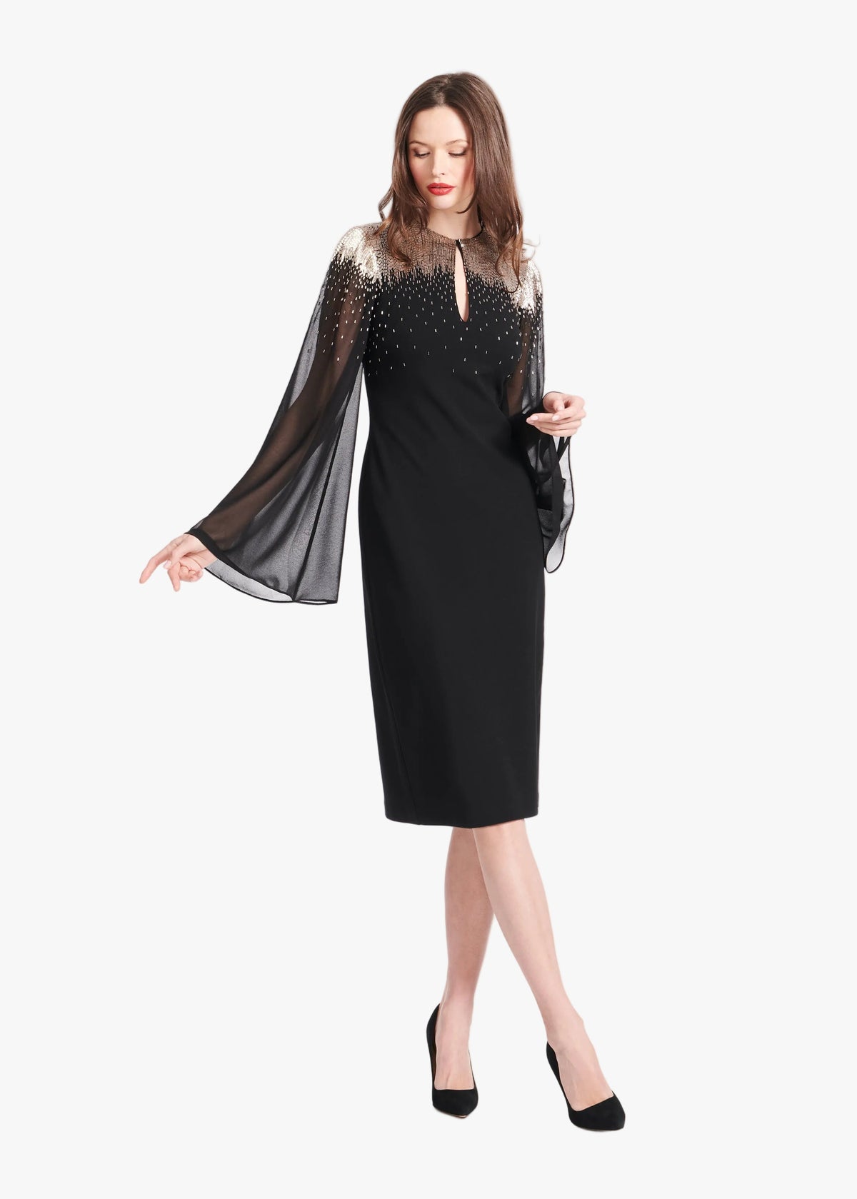 Stretch Crepe Dress With Chiffon Sleeves And Night Sky Beading