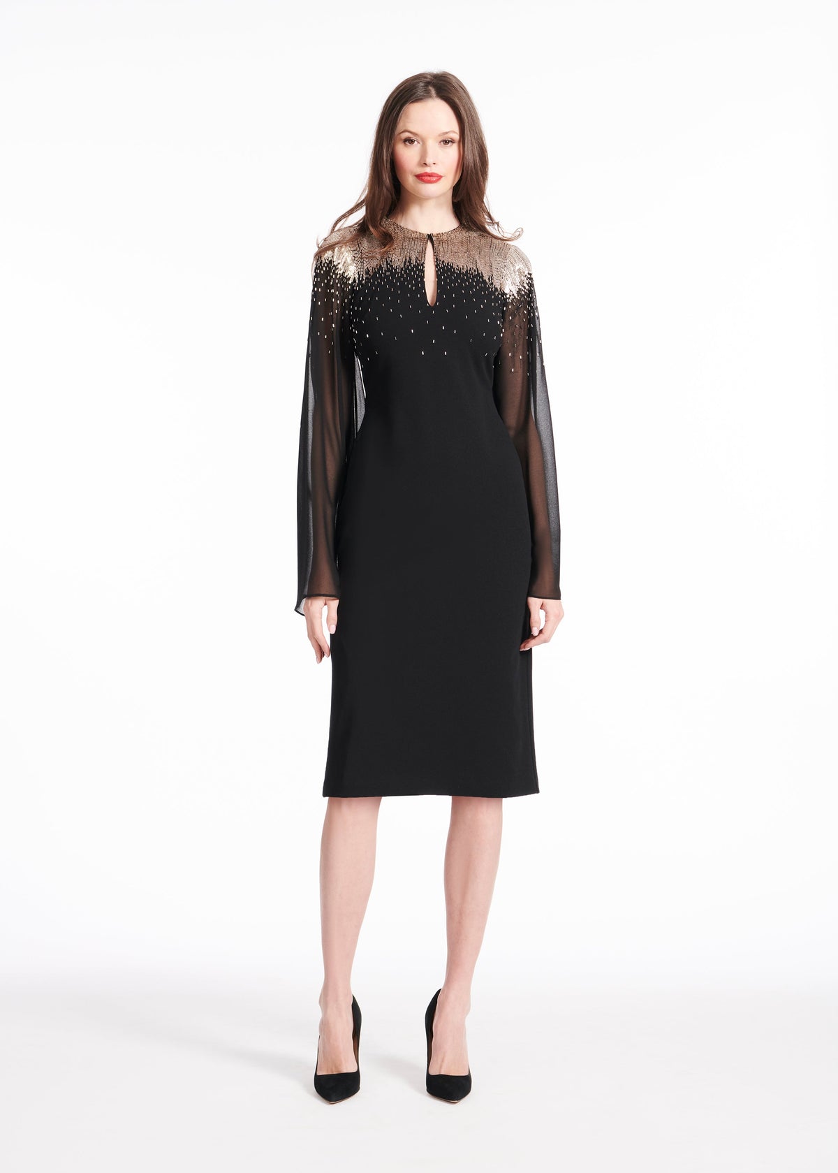 Stretch Crepe Dress With Chiffon Sleeves And Night Sky Beading