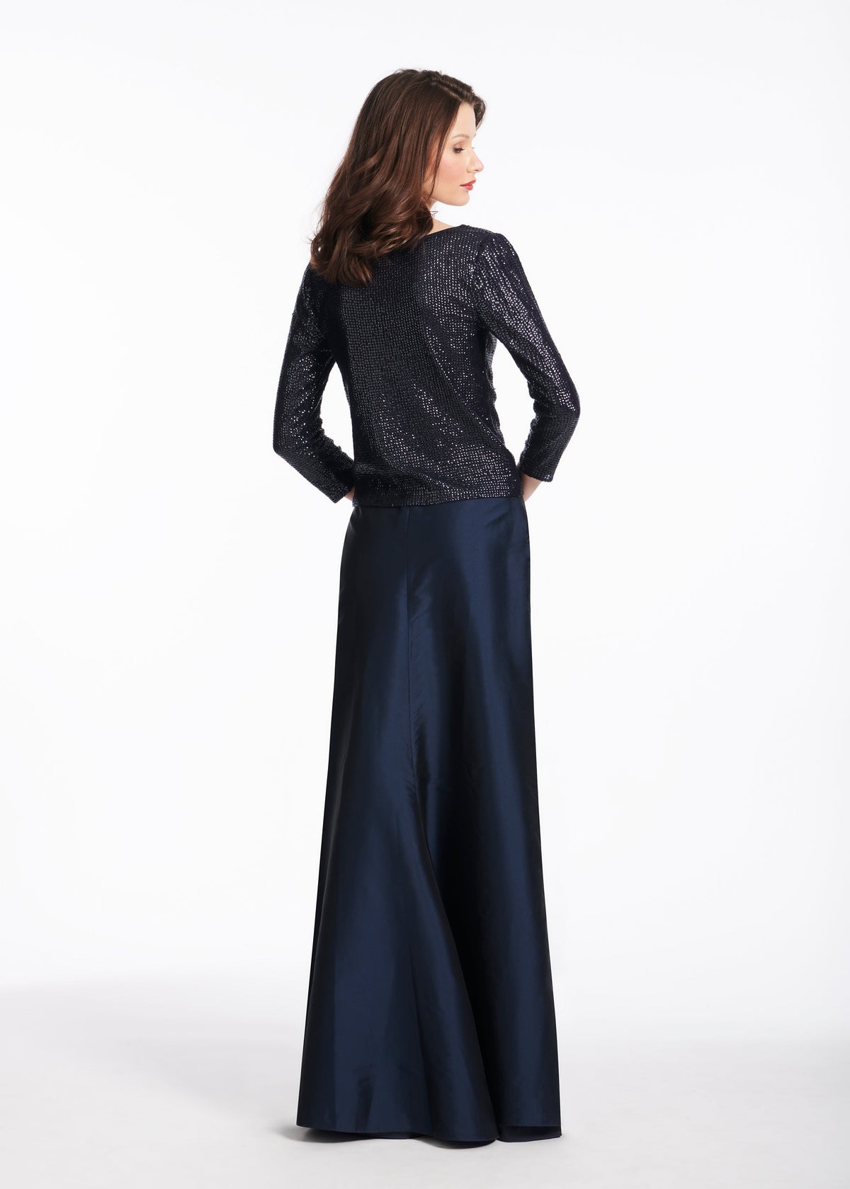 Stretch Sequin 3/4 Sleeve Ballet Neck Top Navy