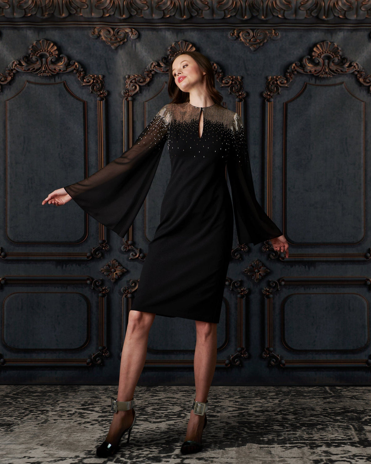 Stretch Crepe Dress With Chiffon Sleeves And Night Sky Beading