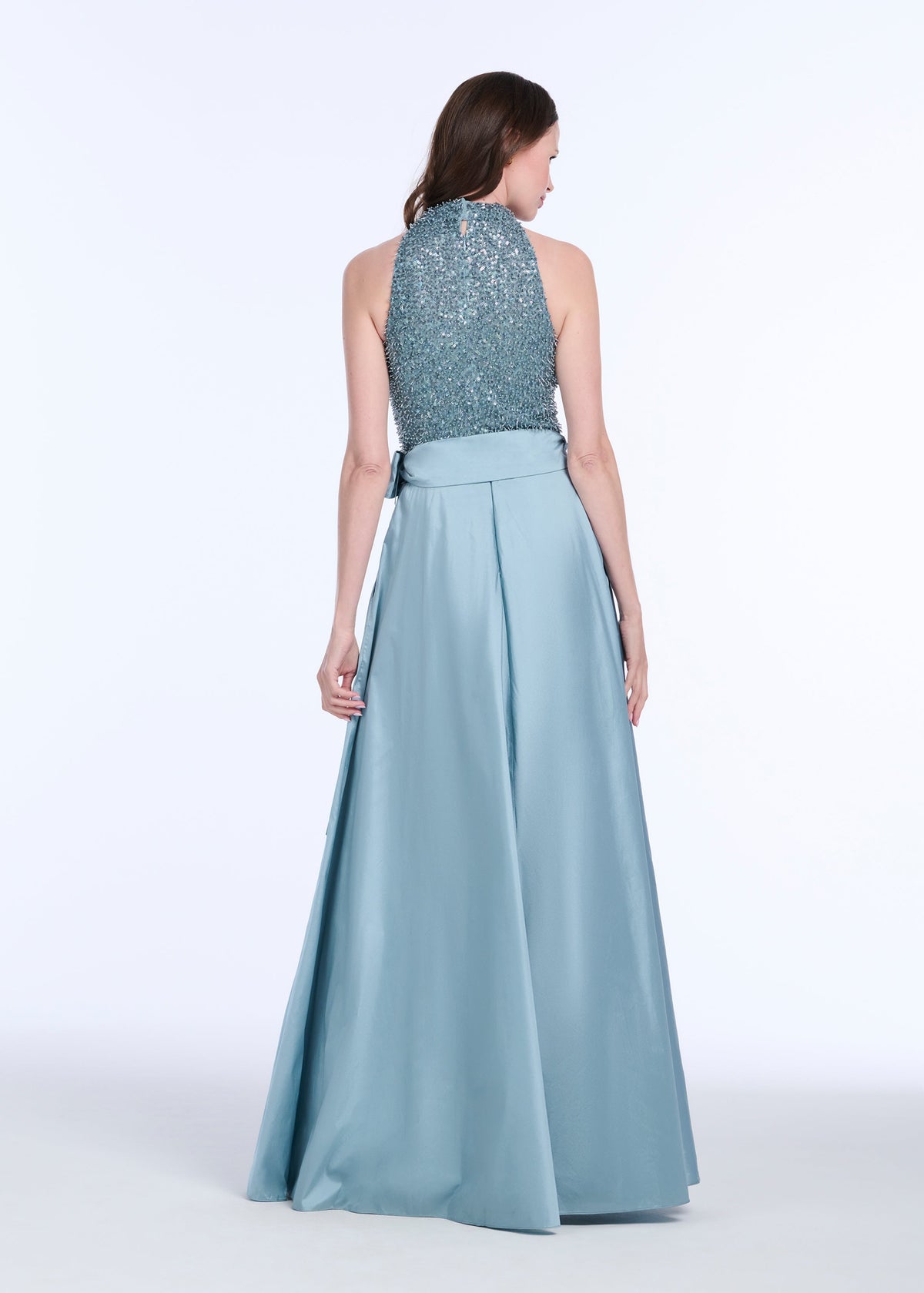 Glass Stretch Bead Mock Neck Gown With Taffeta Skirt Light Blue