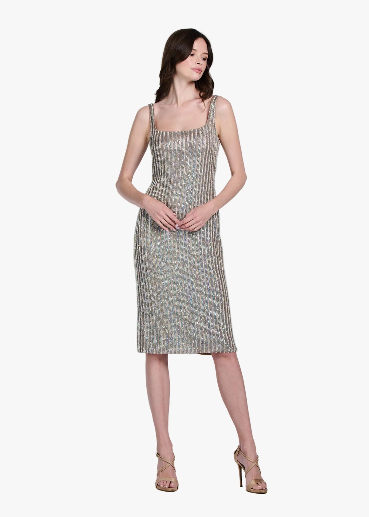Square Neck Crystal Midi Shift In Diamond
