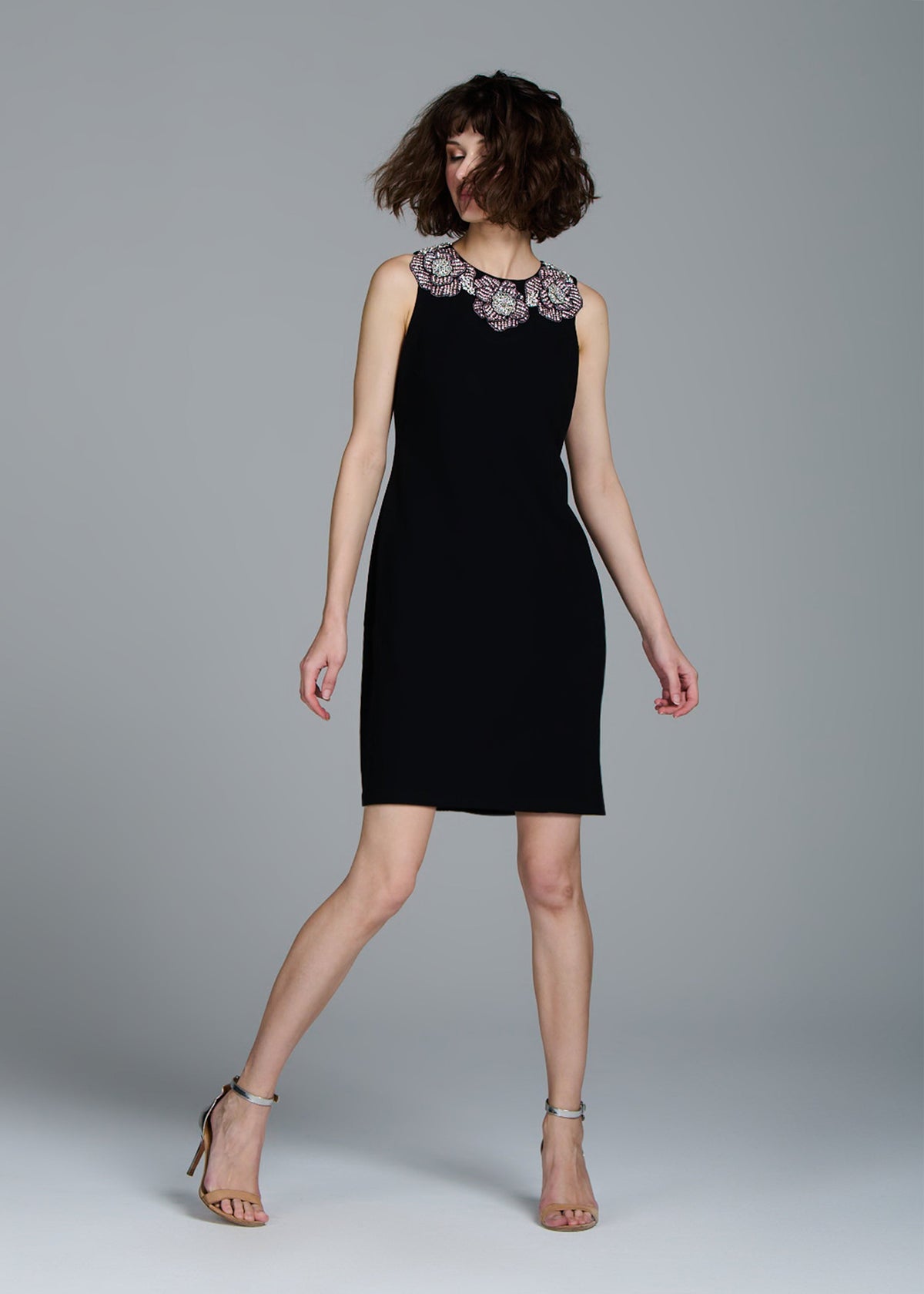 Crystal Floral Neck Shift Dress Tomato