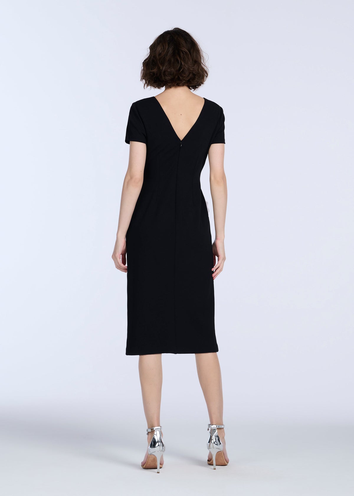 Stretch Crepe Organza Crystal Flower Applique Midi Dress Black