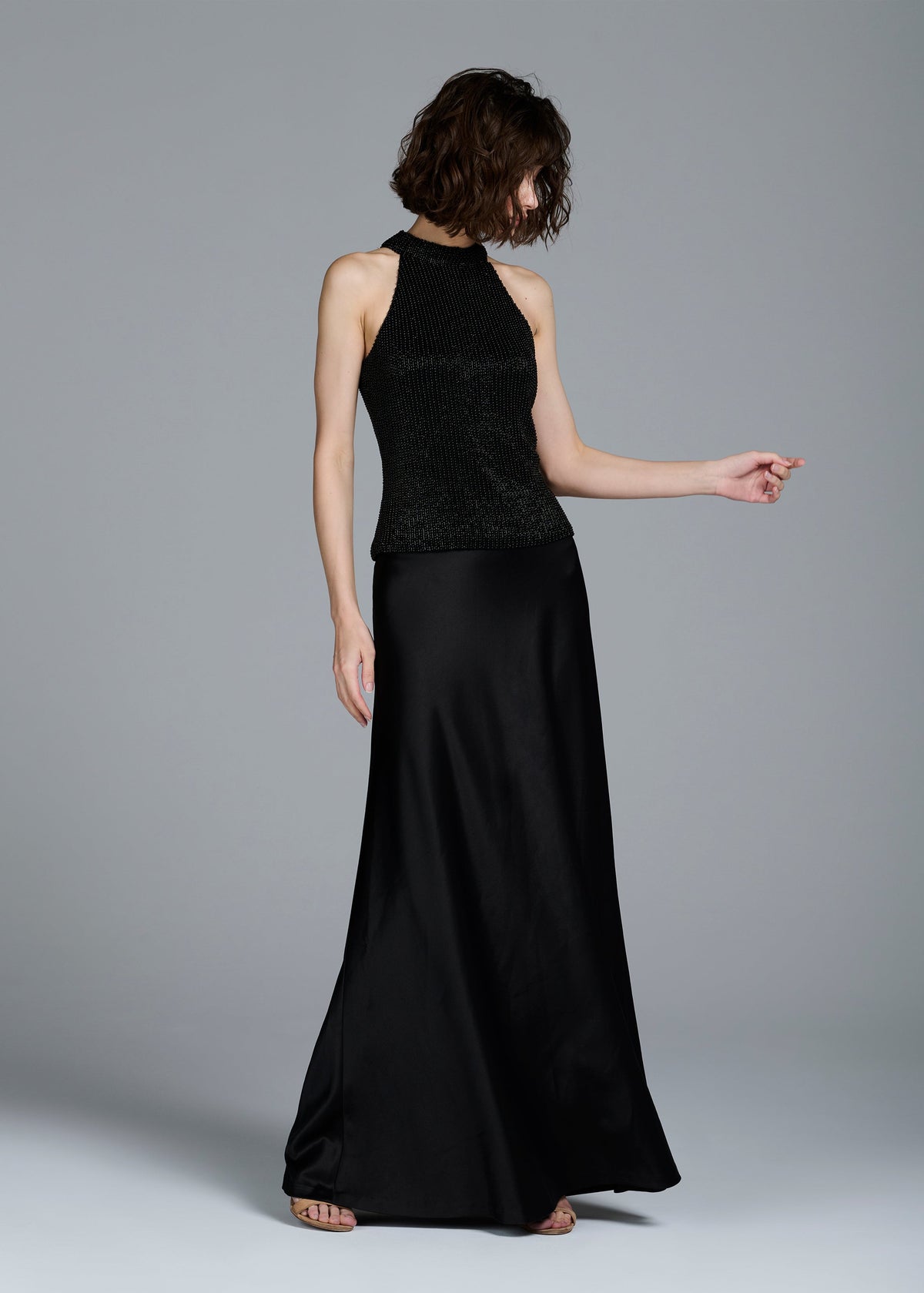 Stretch Satin Bias Long A-Line Skirt - Black