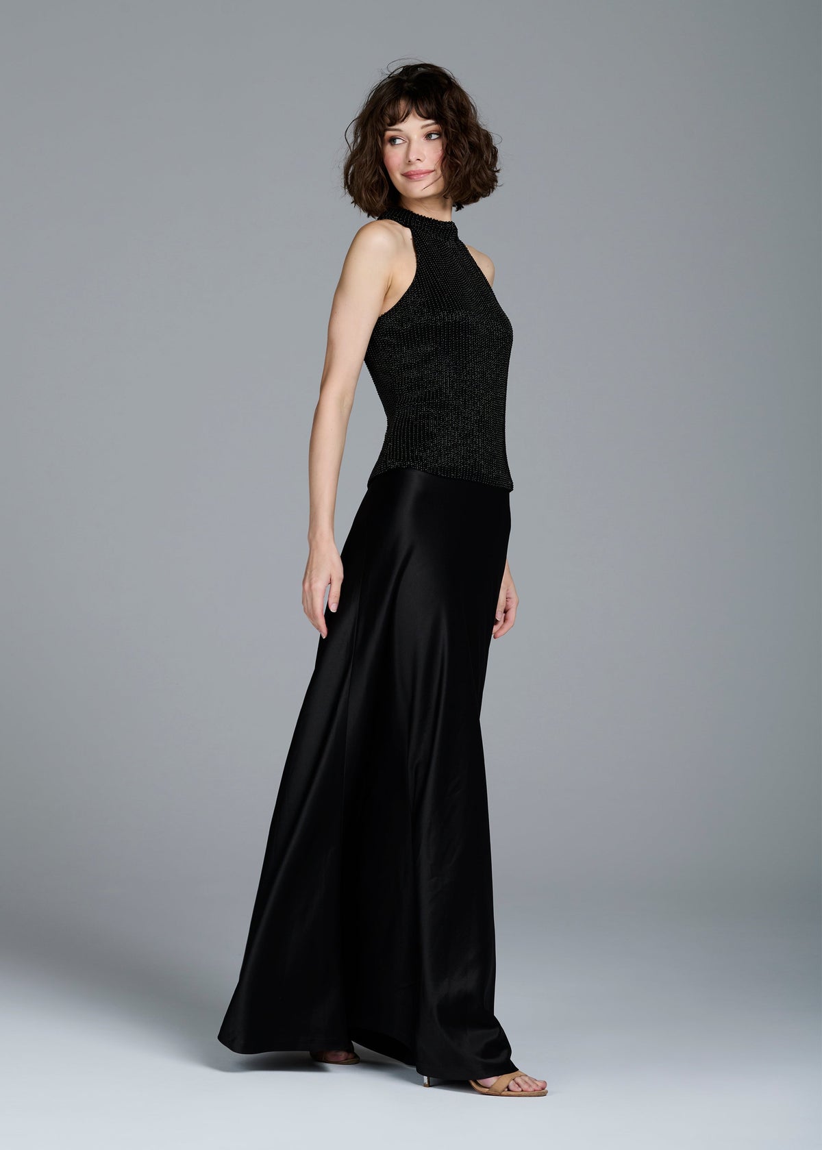 Stretch Satin Bias Long A-Line Skirt - Black