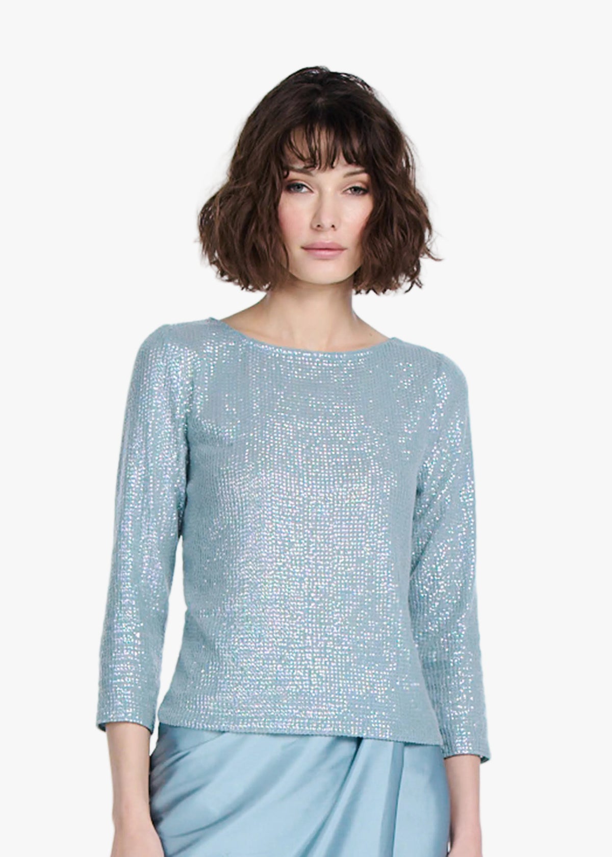 Stretch Sequin 3/4 Sleeve Ballet Neck Top Suntan