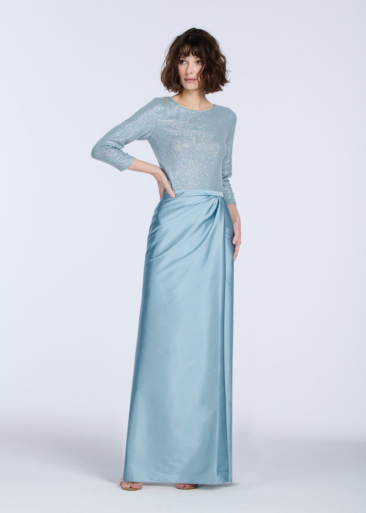 Stretch Sequin 3/4 Sleeve Ballet Neck Top Suntan
