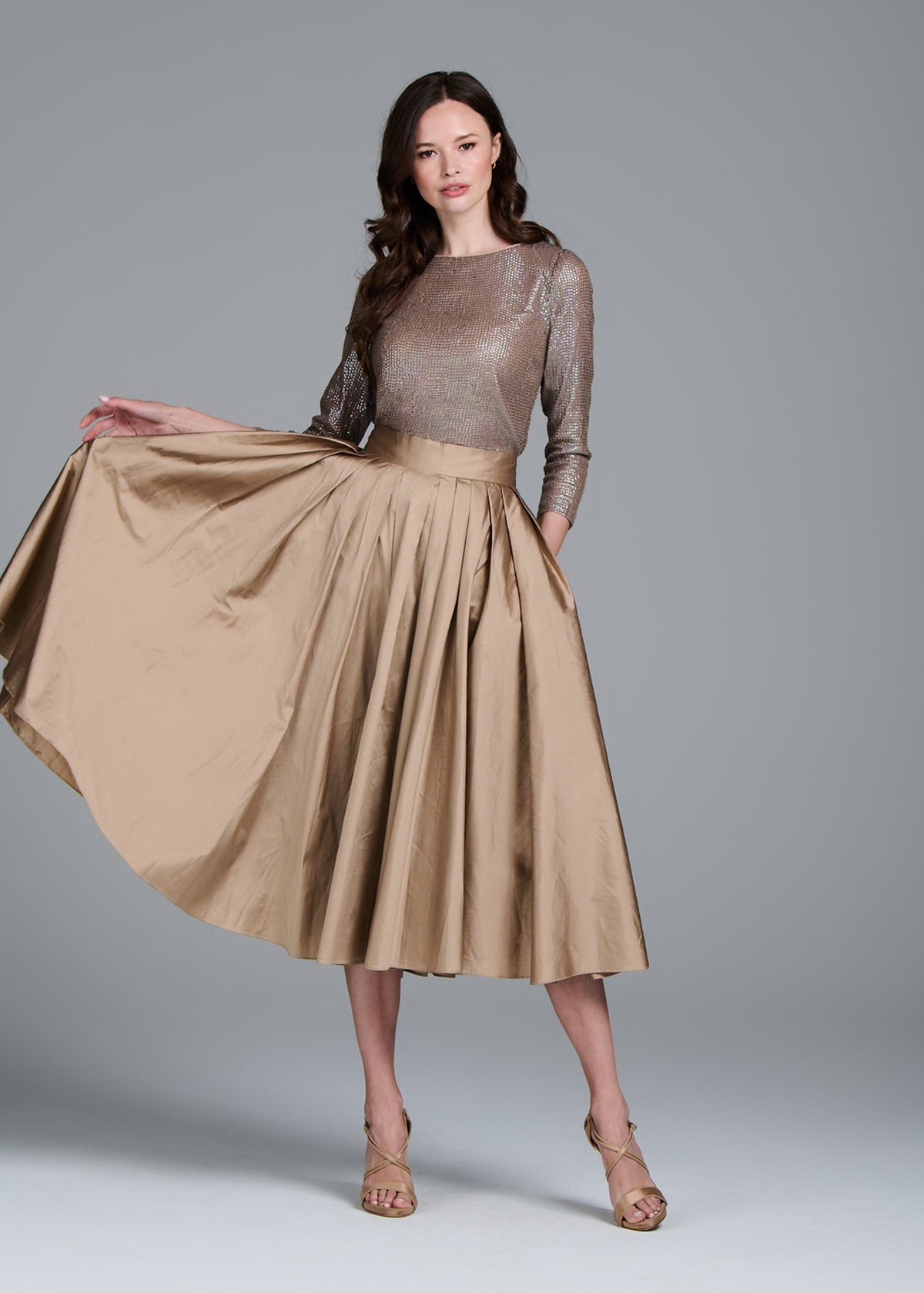 Stretch Sequin 3/4 Sleeve Ballet Neck Top Suntan