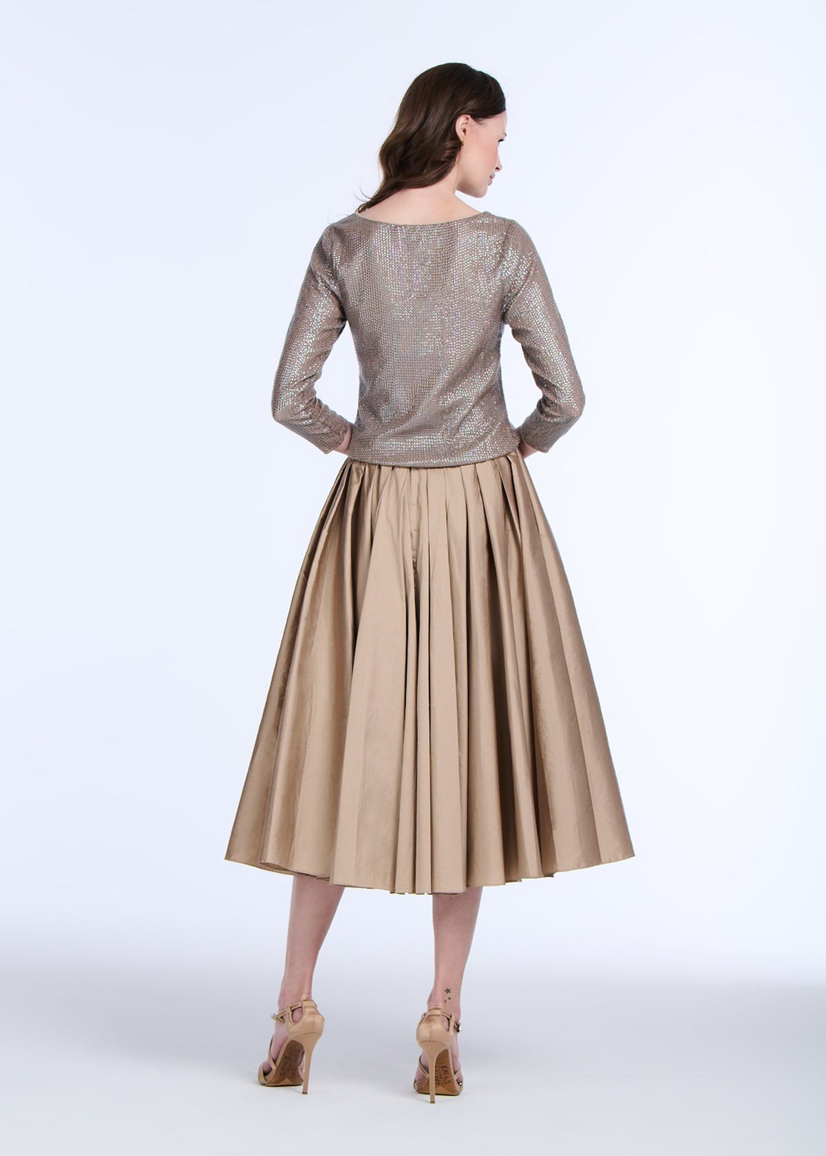 Stretch Sequin 3/4 Sleeve Ballet Neck Top Suntan