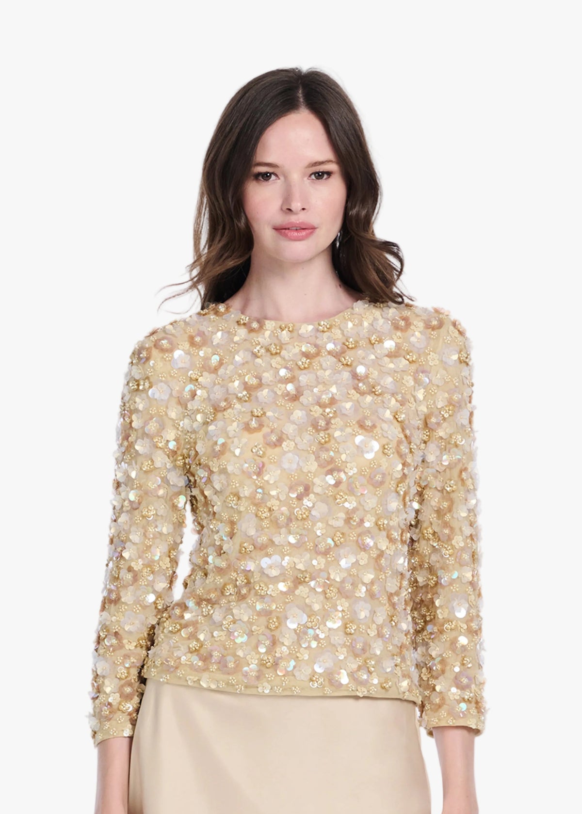Floral 3/4 Sleeve  Hand Beaded Pailette Top Champagne