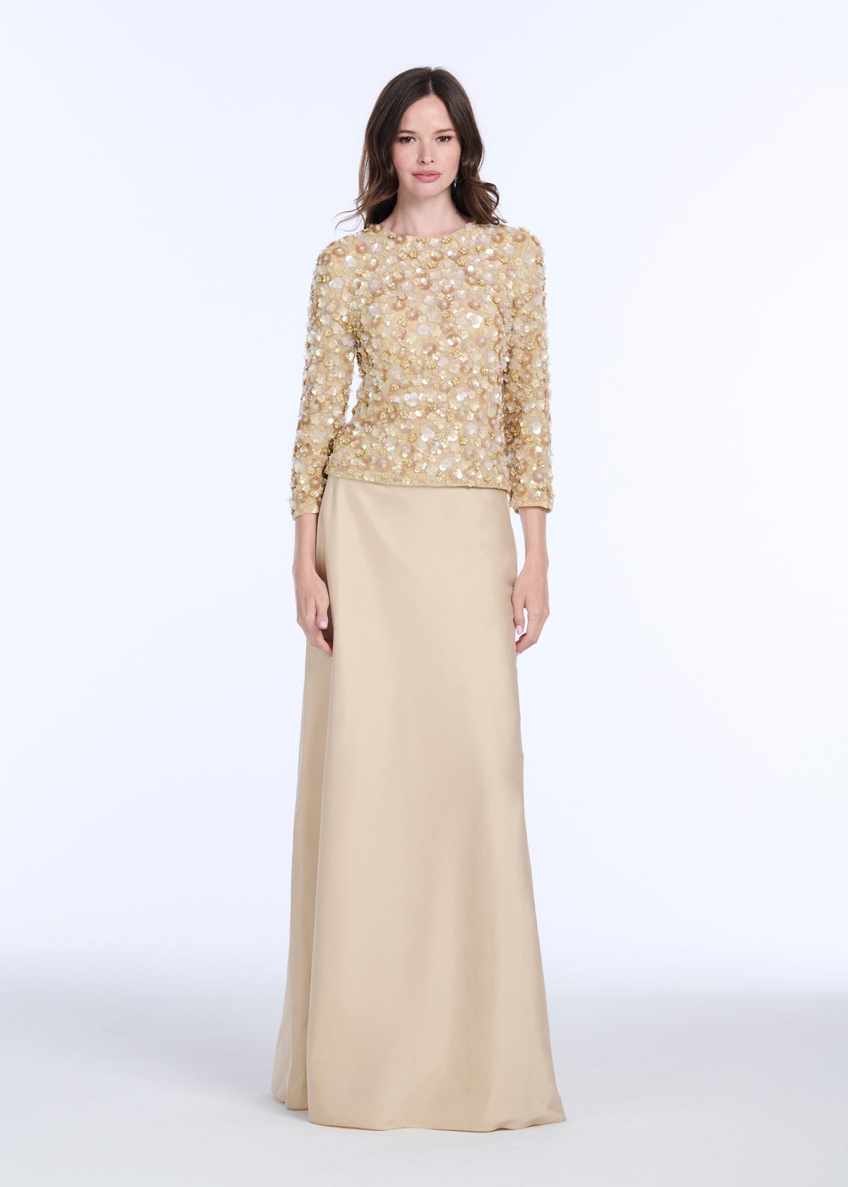 Floral 3/4 Sleeve  Hand Beaded Pailette Top Champagne