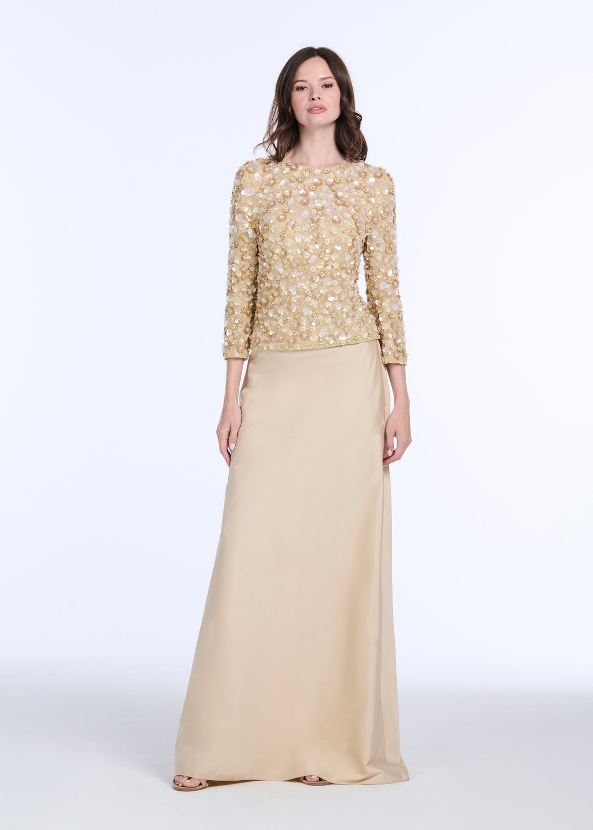 Floral 3/4 Sleeve  Hand Beaded Pailette Top Champagne