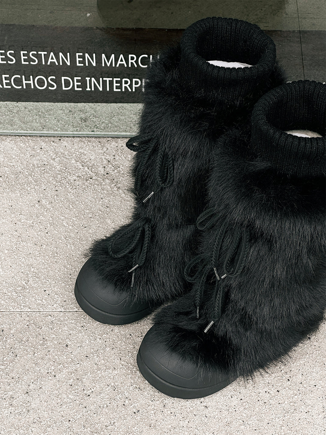 Black Plush-Lined Tall Platform Boots - Skipkicks