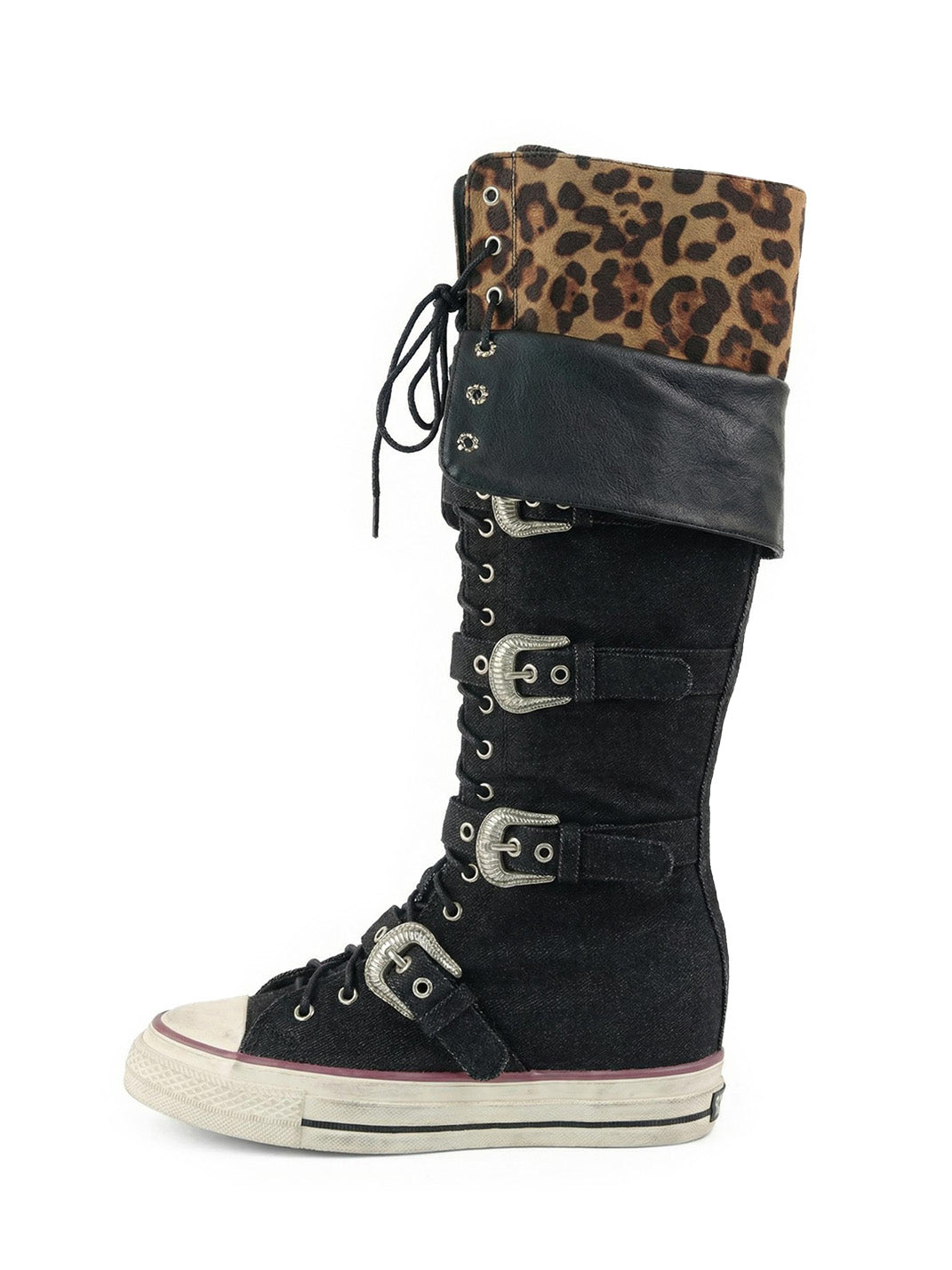 Leopard Print High-Top Canvas Boots with Belt Buckle - Skipkicks