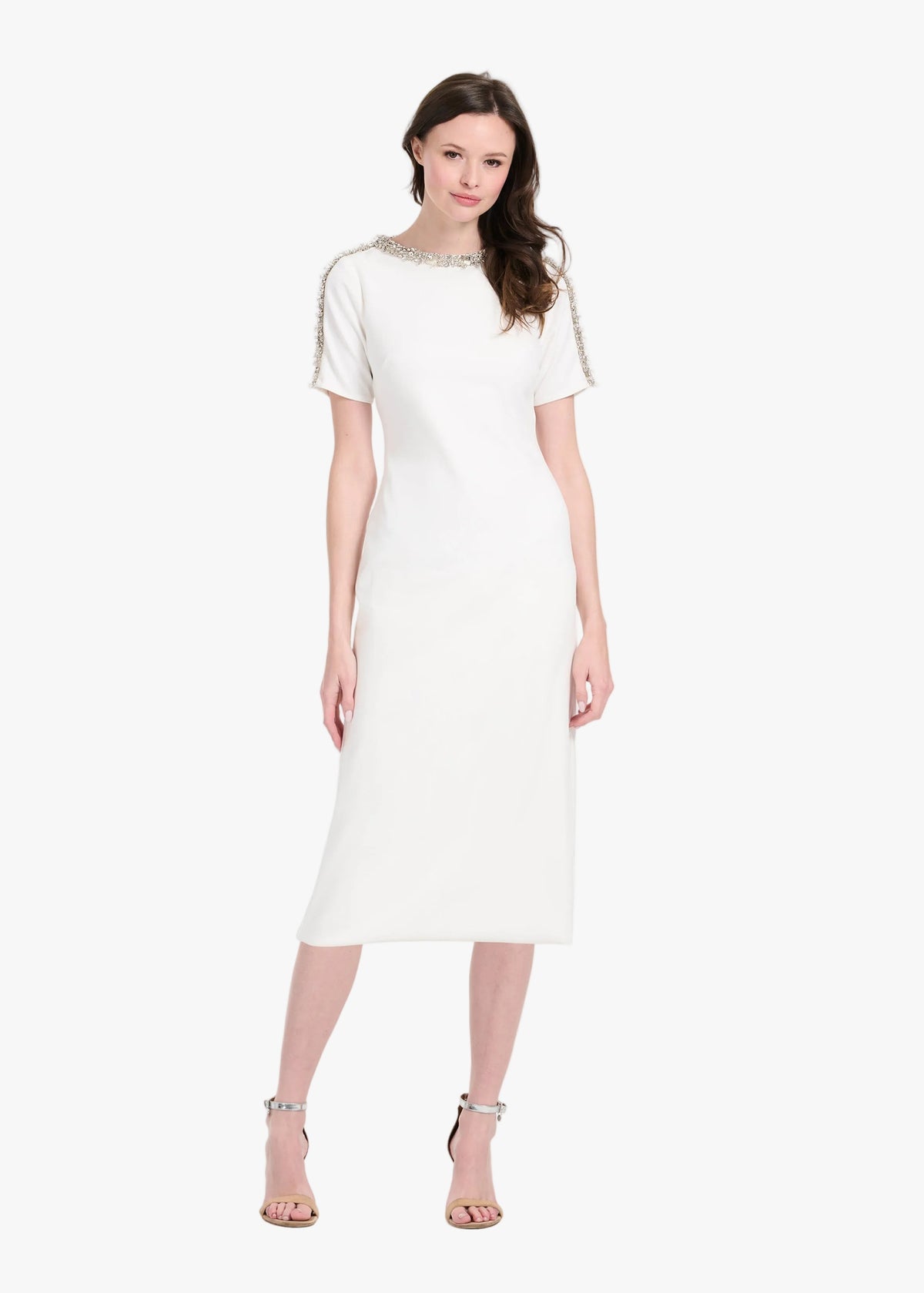 Stretch Crepe Mockneck Midi With Crystals Ivory